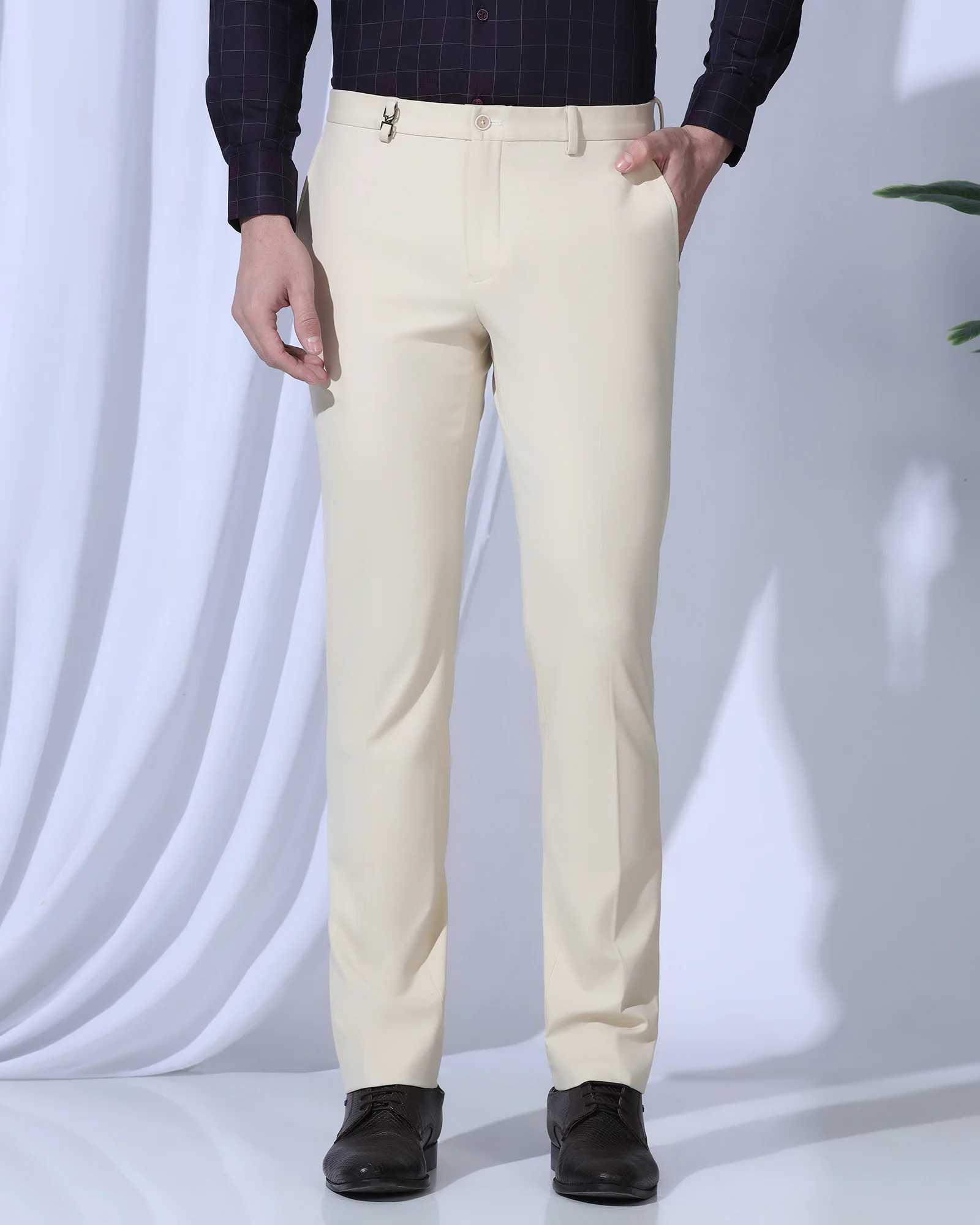 Slim Comfort B-95 Formal Cream Solid Trouser - Oak - Image 3
