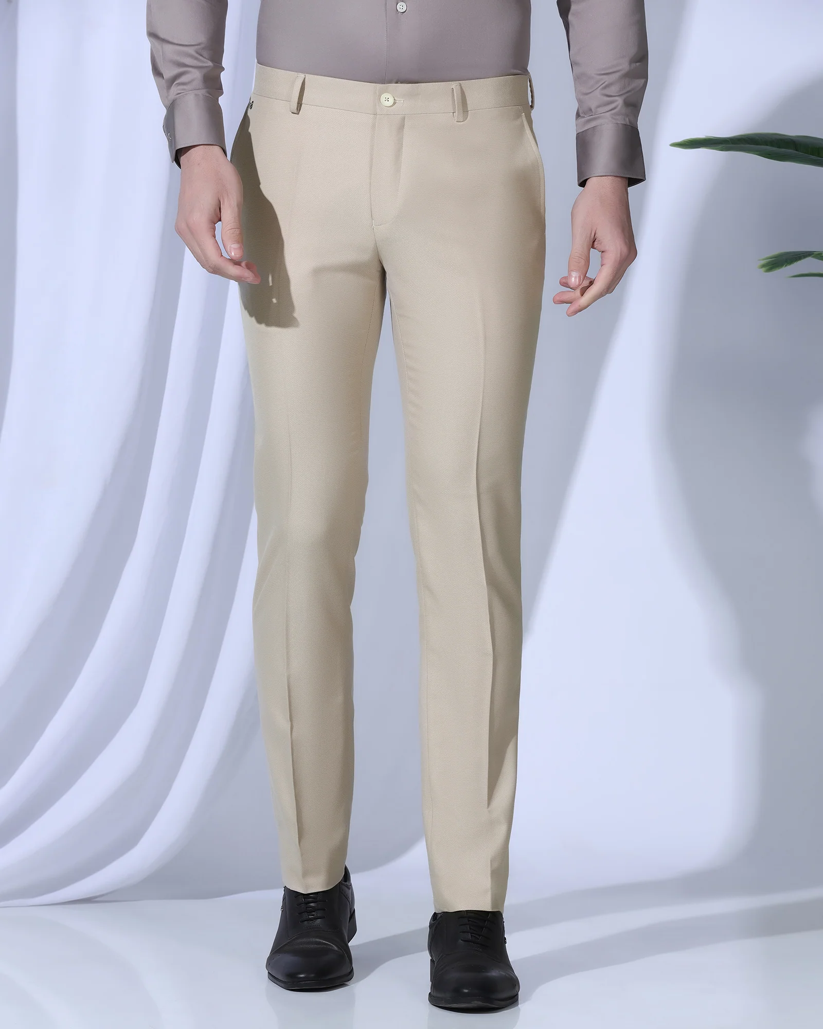 Slim Fit B-91 Formal Beige Textured Trouser - Otto - Image 3