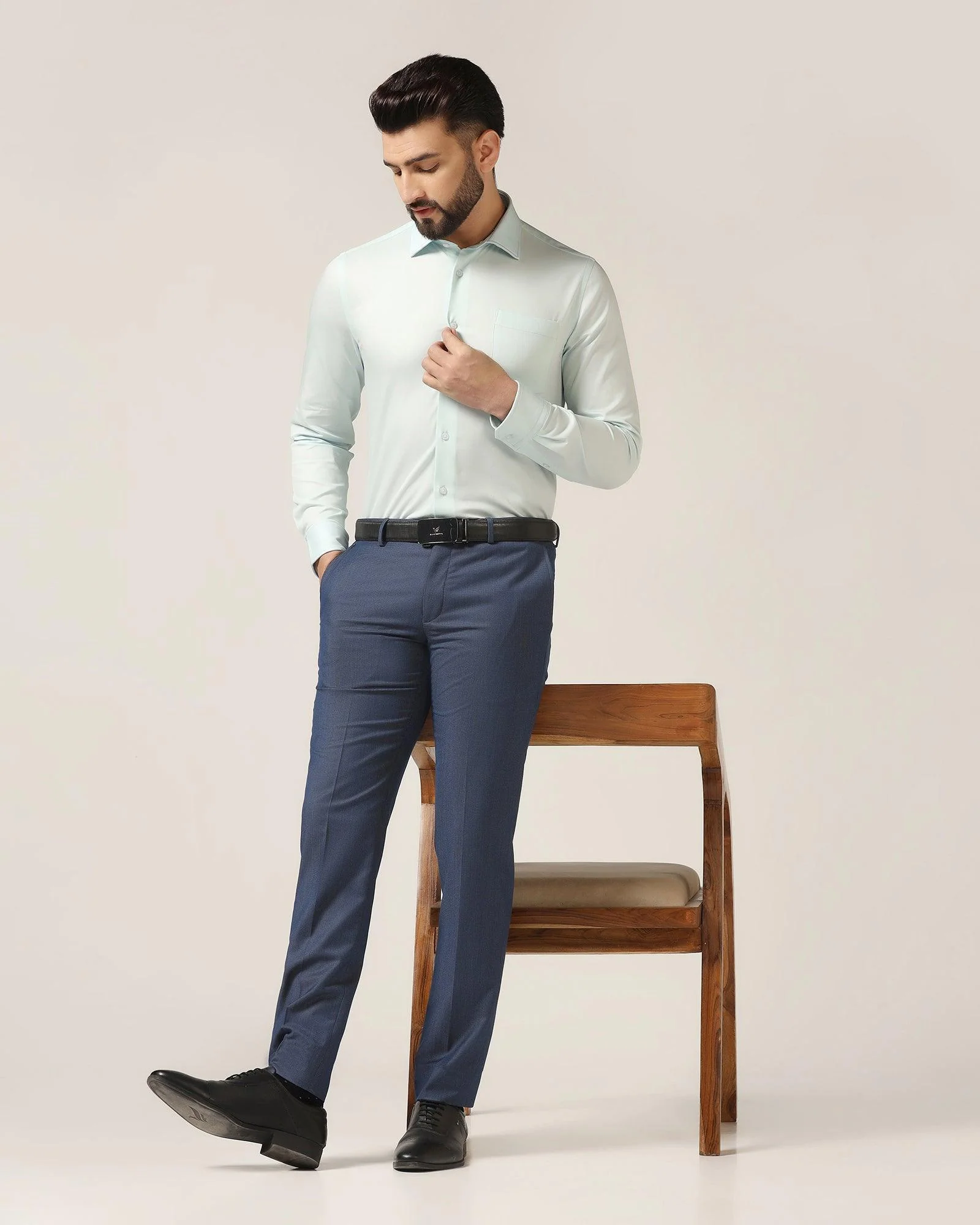 Slim Fit B-91 Formal Blue Textured Trouser - Steed - Image 6