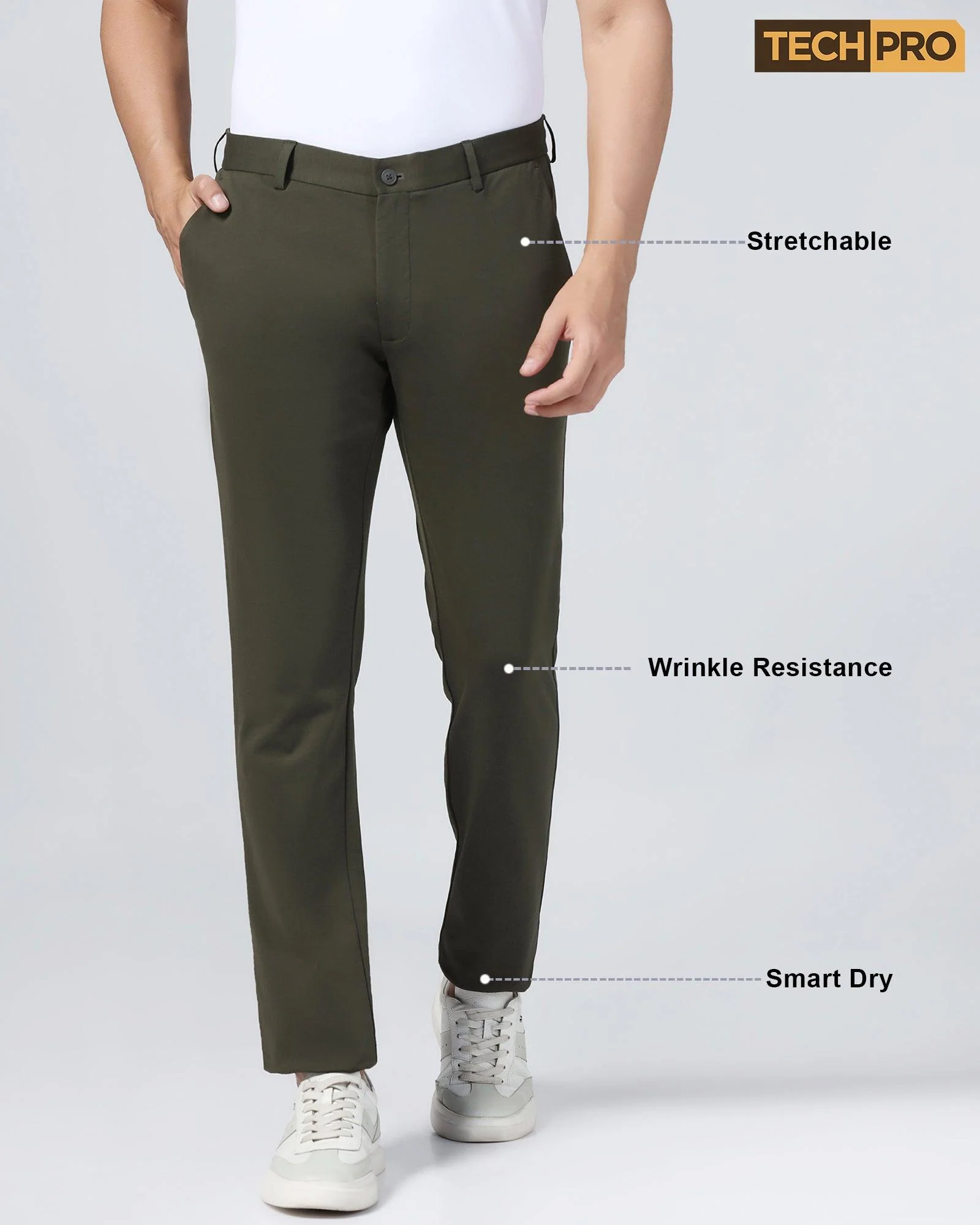 TechPro Slim Fit B-91 Casual Olive Solid Khakis - Ziea - Image 8
