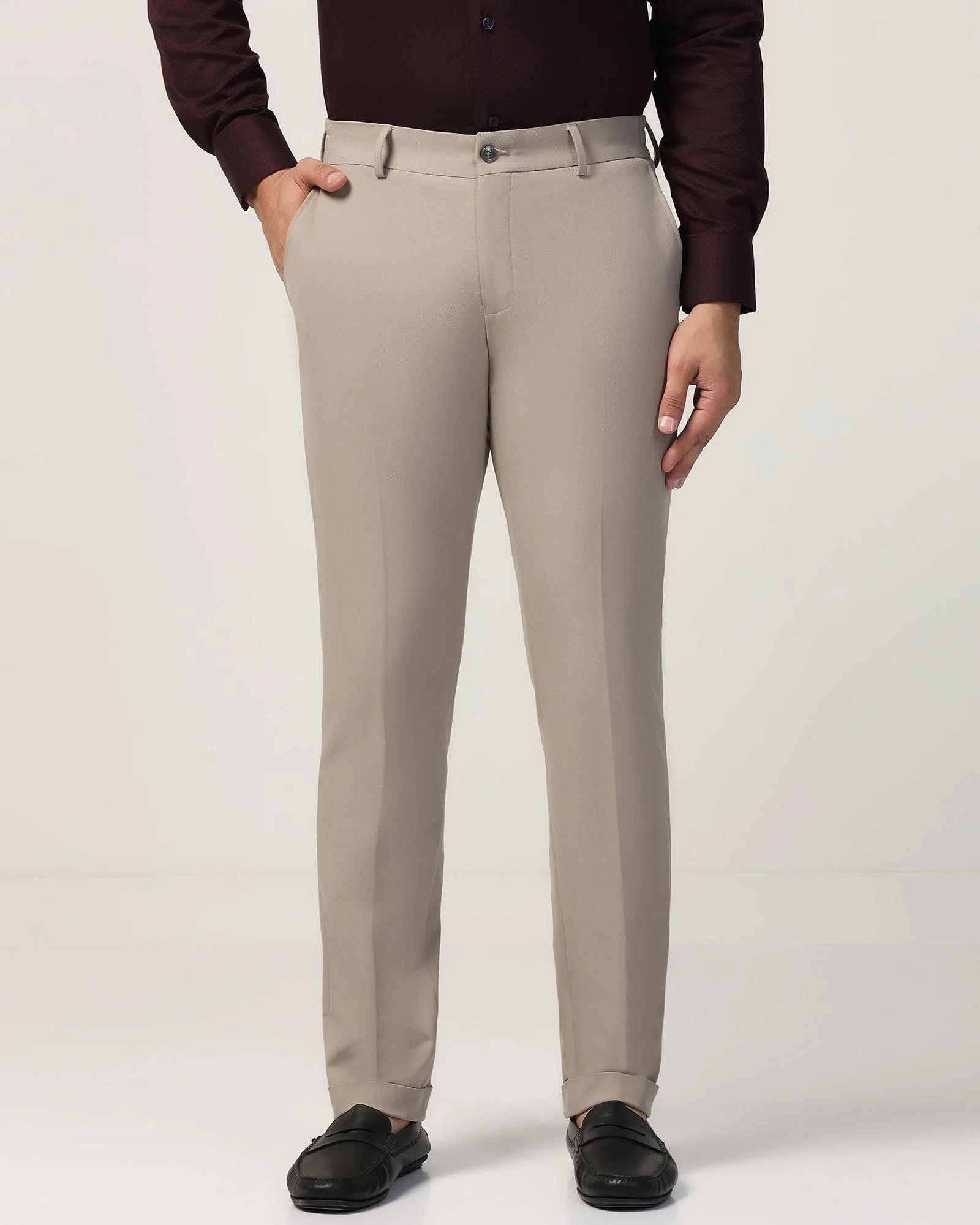 Slim Fit B-91 Formal Beige Solid Trouser - Hayabusa - Image 3