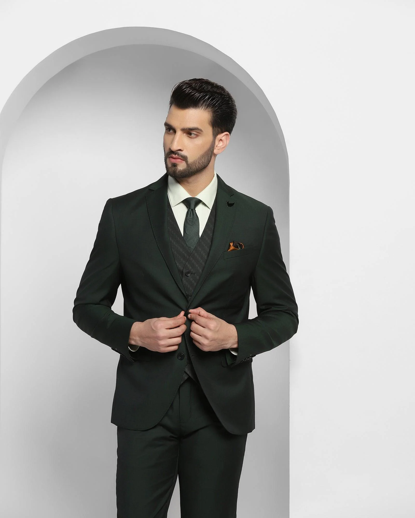 Luxe Three Piece Green Solid Formal Suit - Cyprus - Image 3