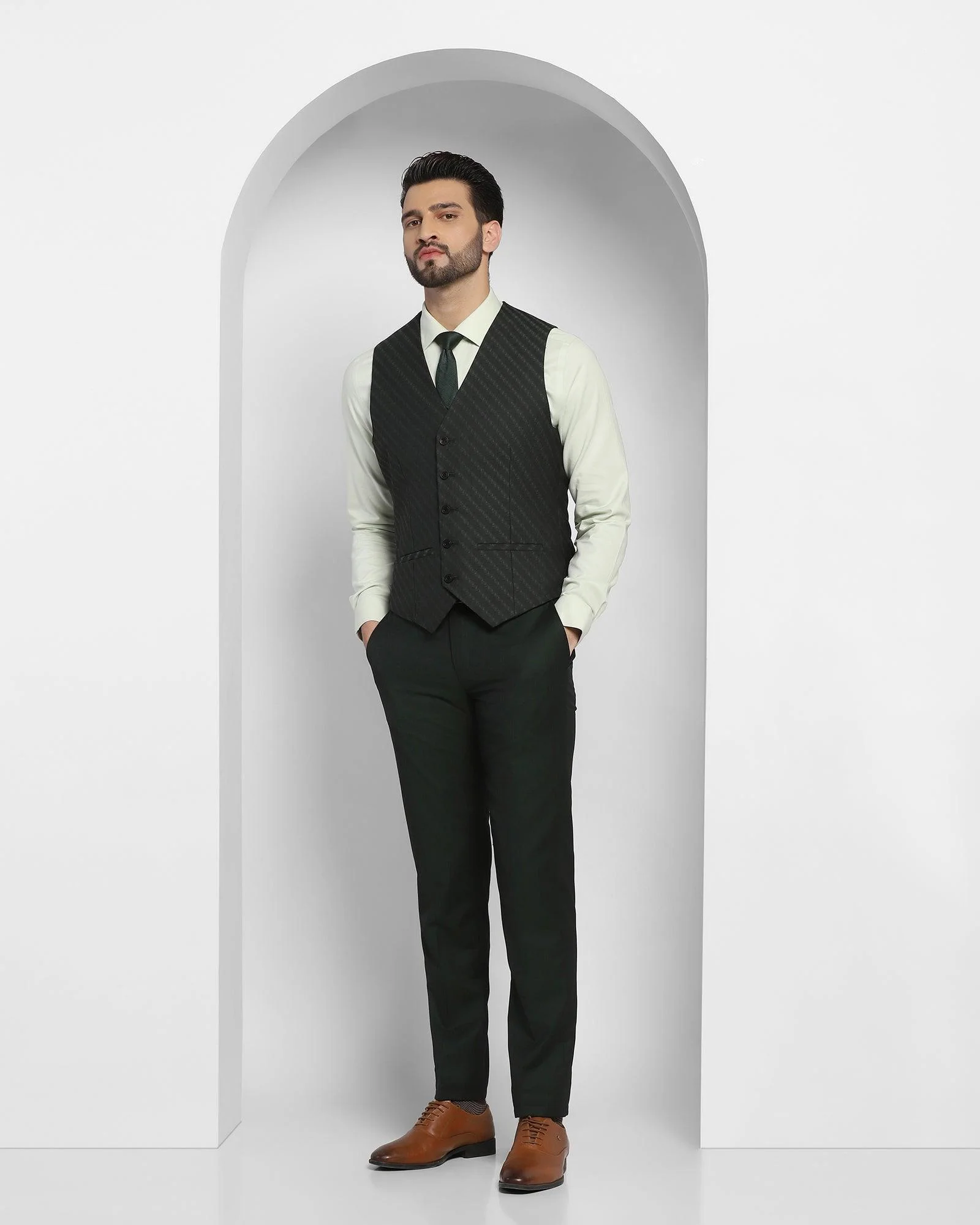 Luxe Three Piece Green Solid Formal Suit - Cyprus - Image 5
