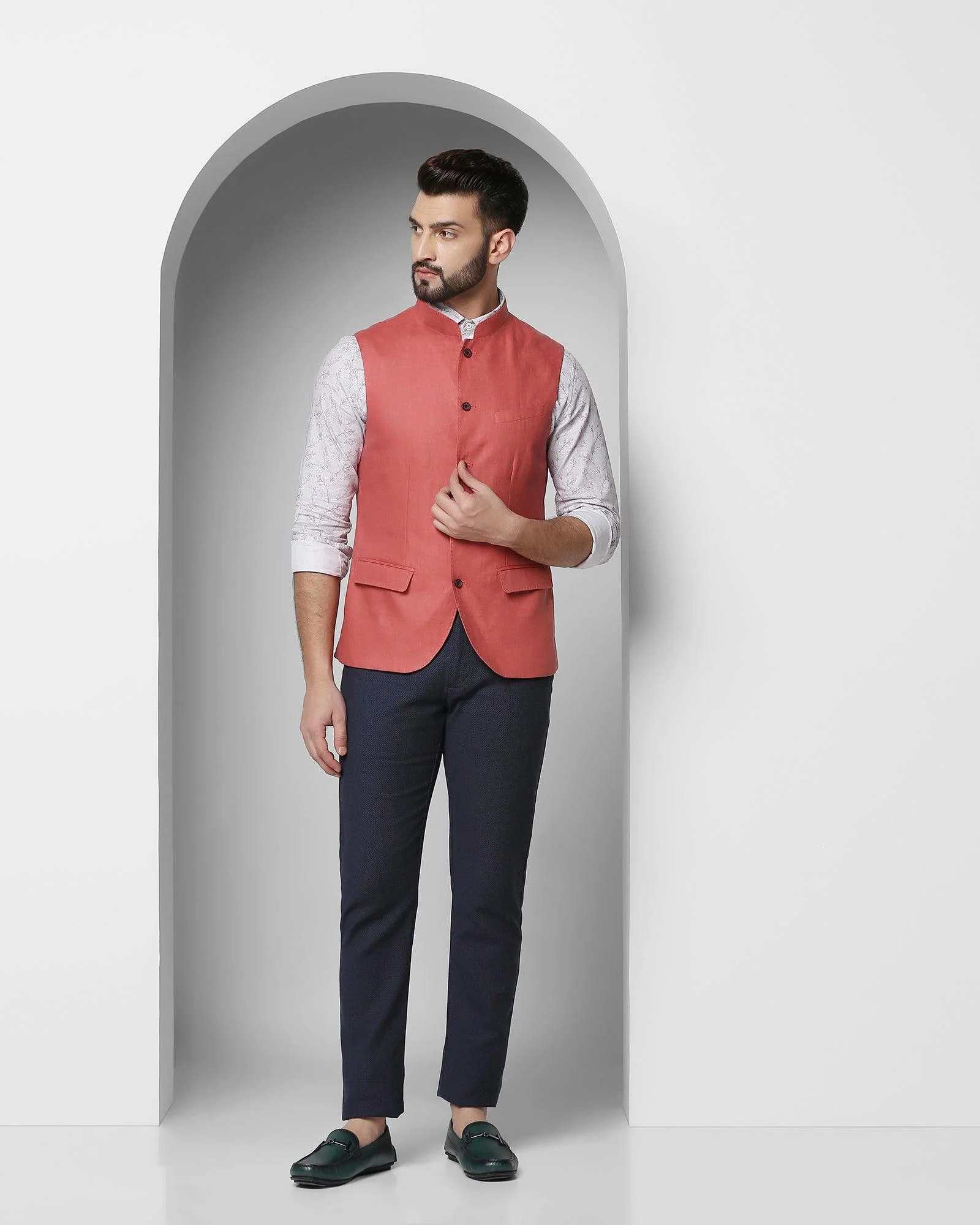 Linen Casual Peach Solid Waistcoat - Seamus - Image 3