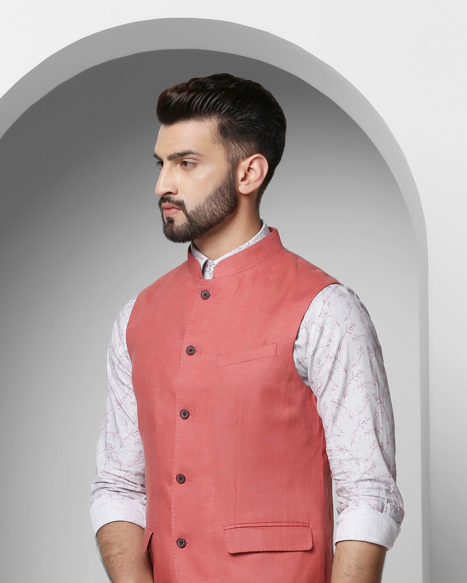 Linen Casual Peach Solid Waistcoat - Seamus - Image 4
