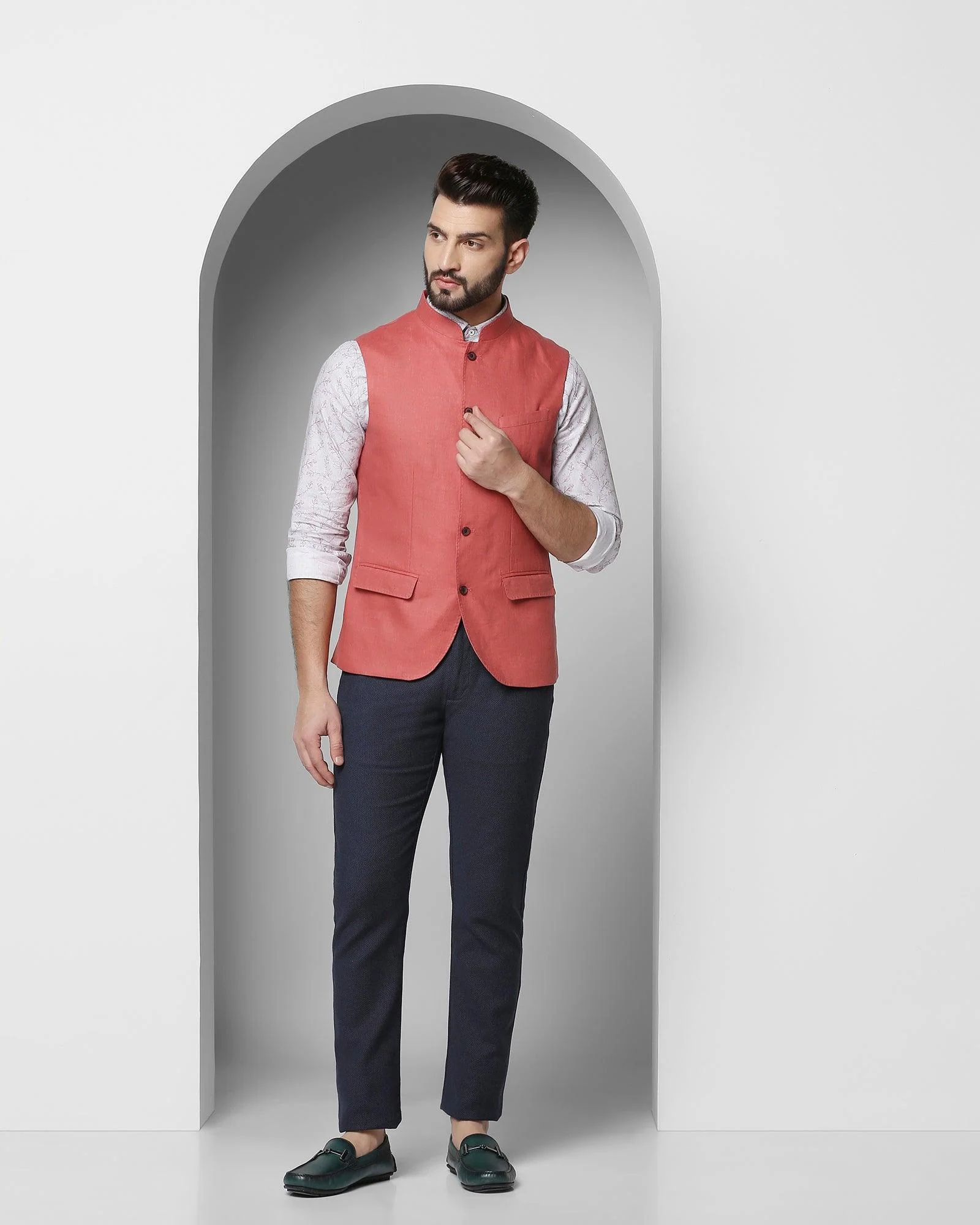 Linen Casual Peach Solid Waistcoat - Seamus - Image 5