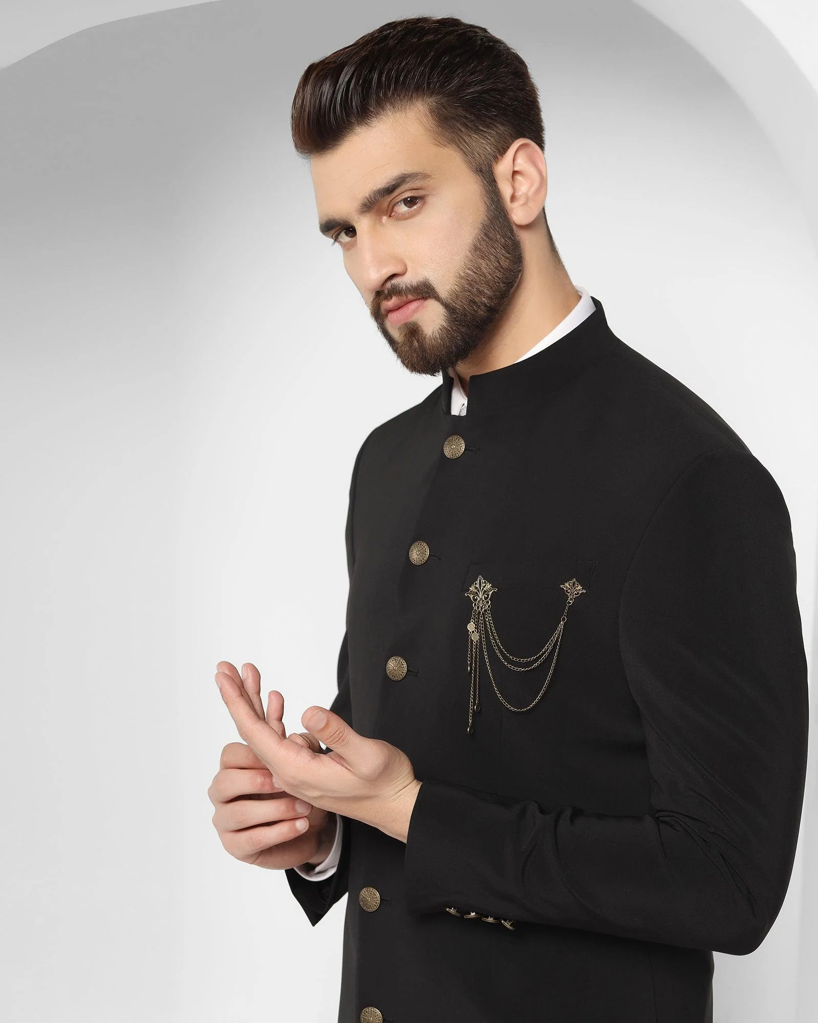 Black Swarn Solid Achkan Set - Richard - Image 4