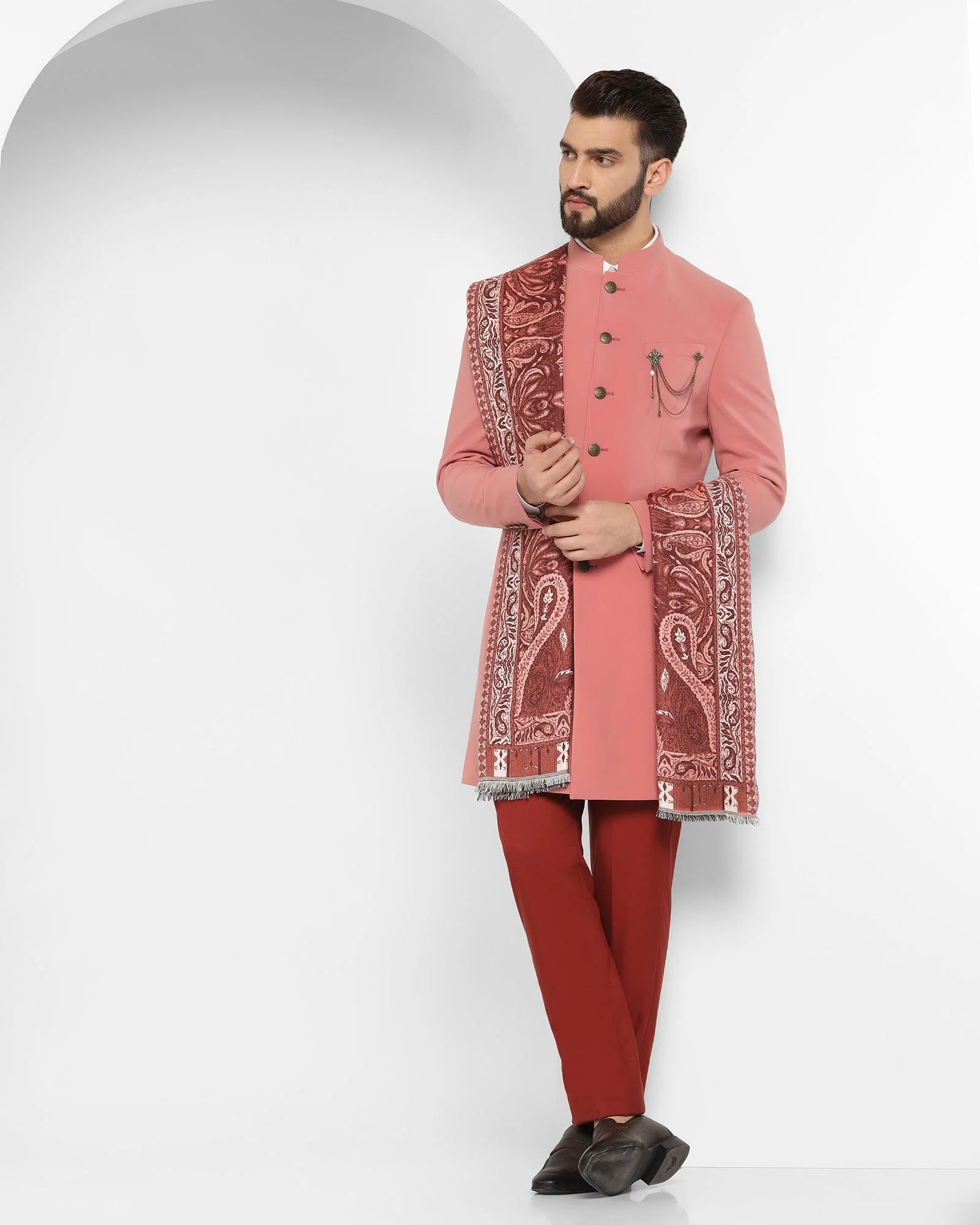 Peach Swarn Solid Achkan Set - Richard - Image 3