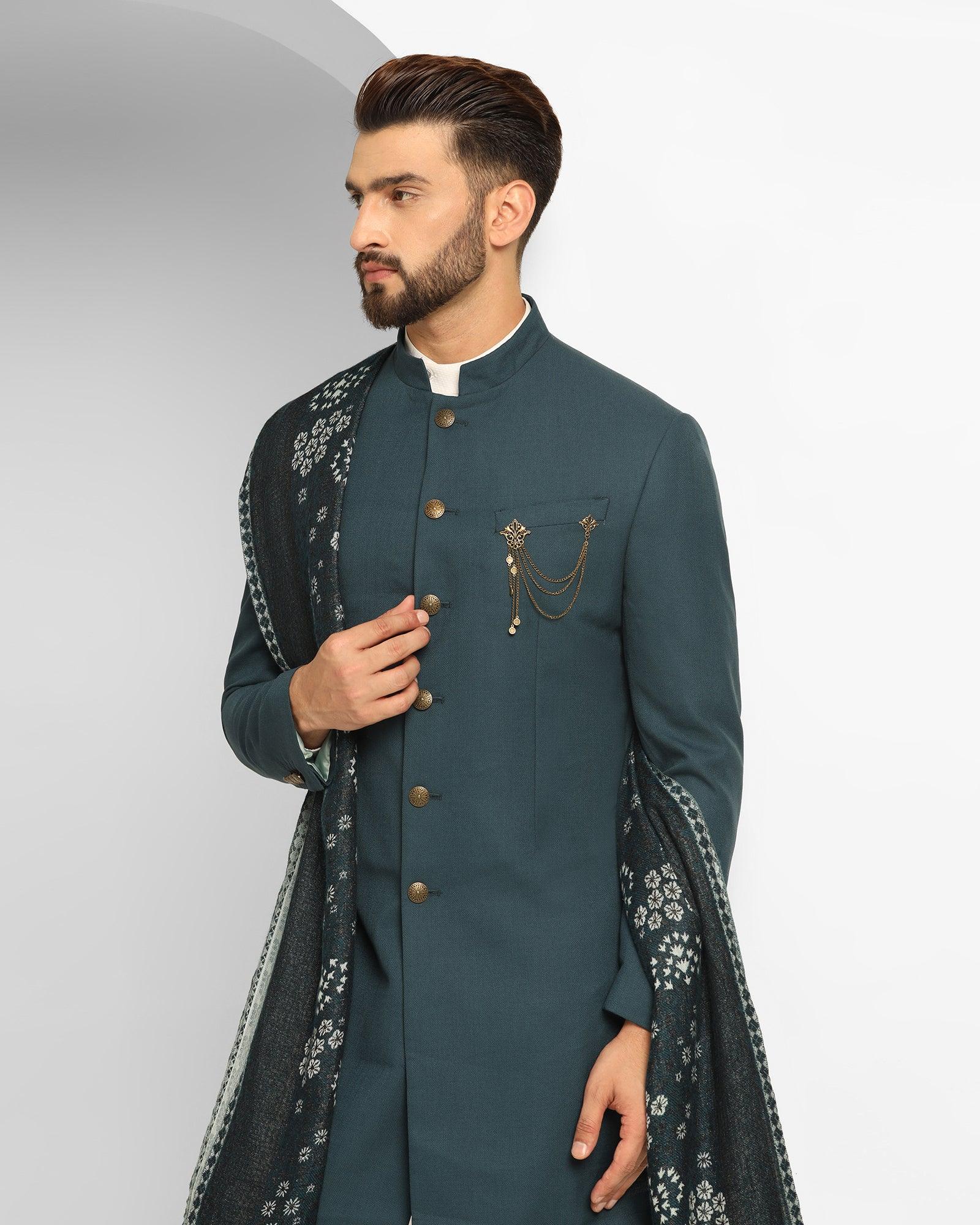 Teal Swarn Solid Achkan Set - Athens - Image 7