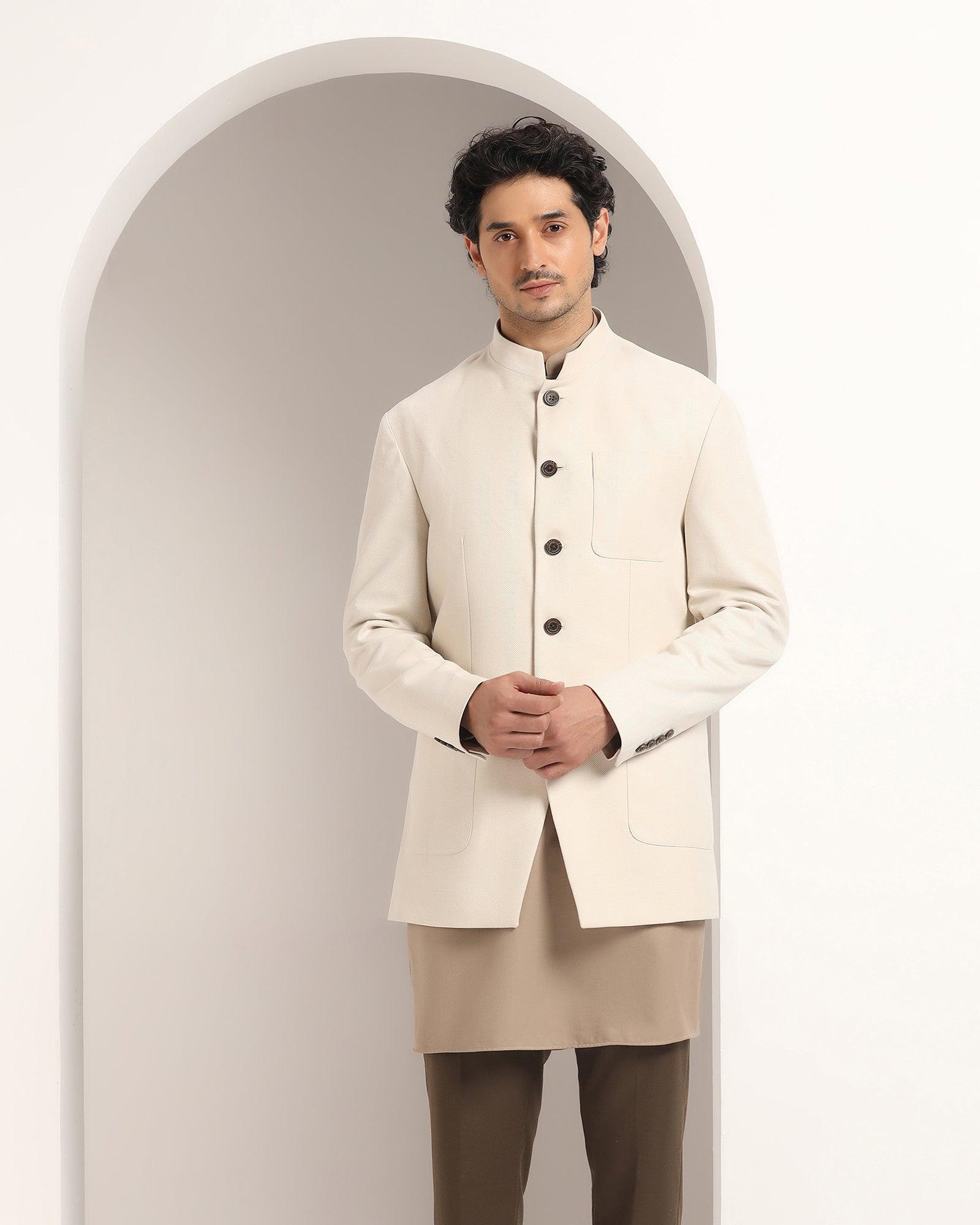 Beige Swarn Solid Achkan Set - Anok - Image 10