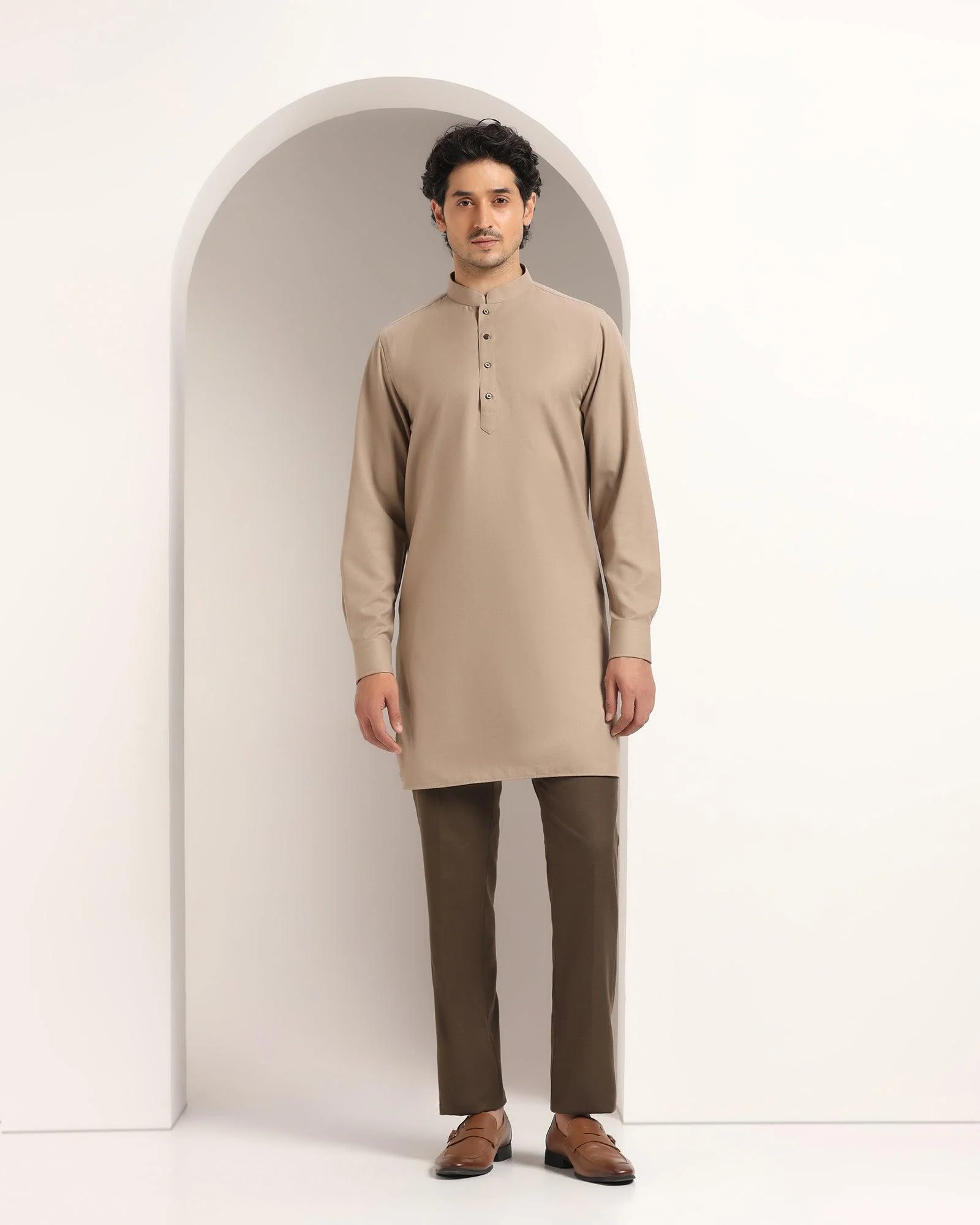 Beige Swarn Solid Achkan Set - Anok - Image 7