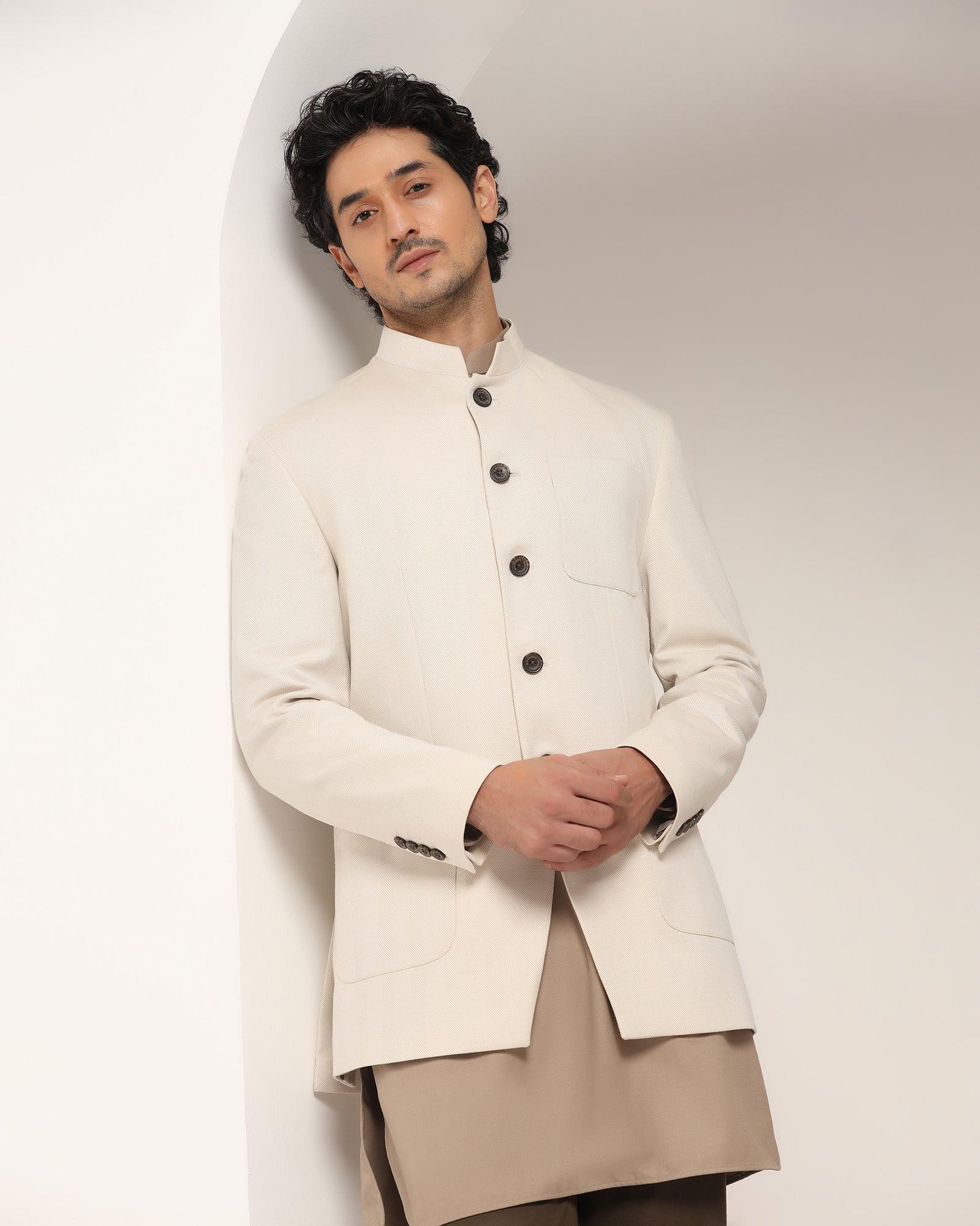 Beige Swarn Solid Achkan Set - Anok - Image 8