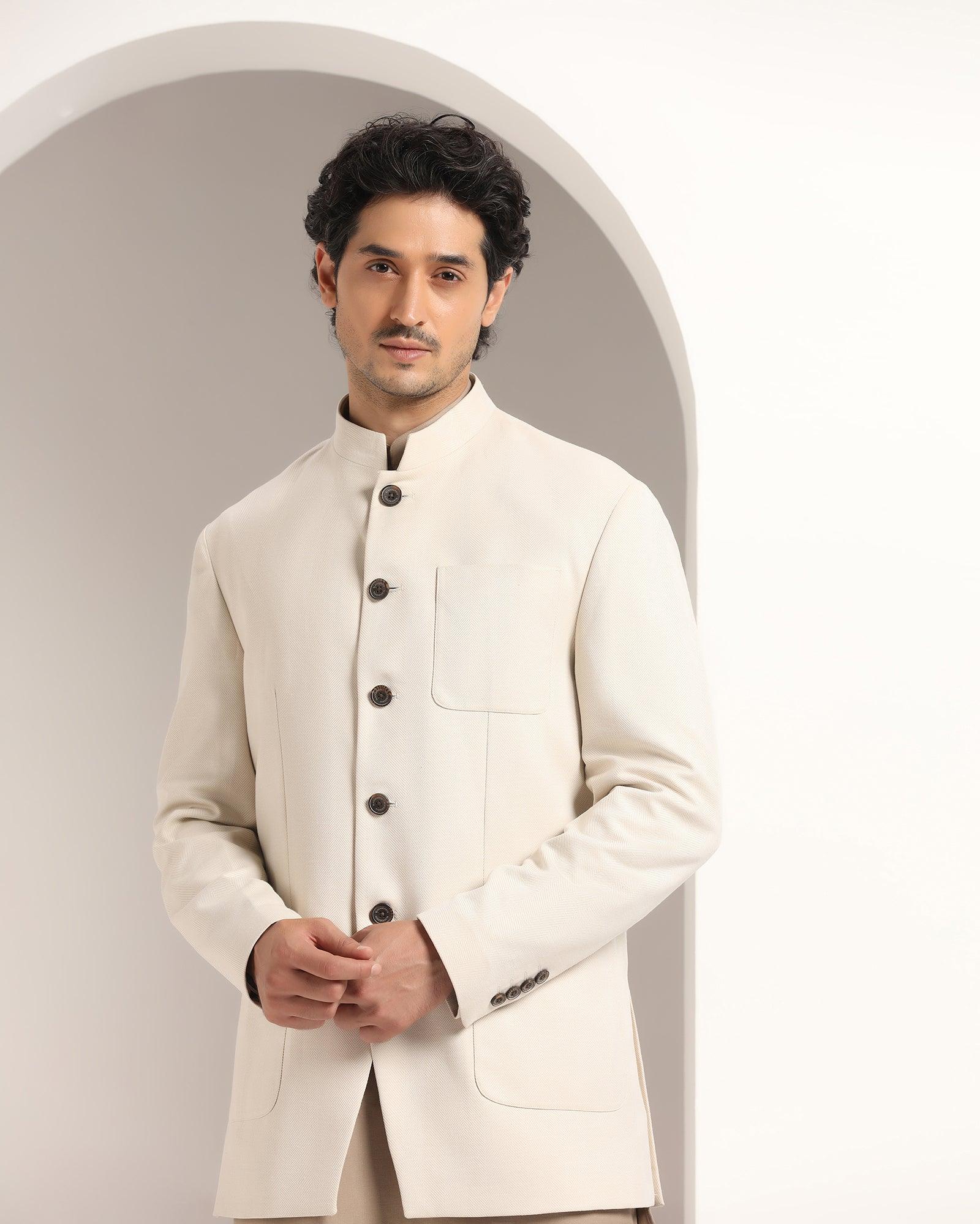 Beige Swarn Solid Achkan Set - Anok - Image 9