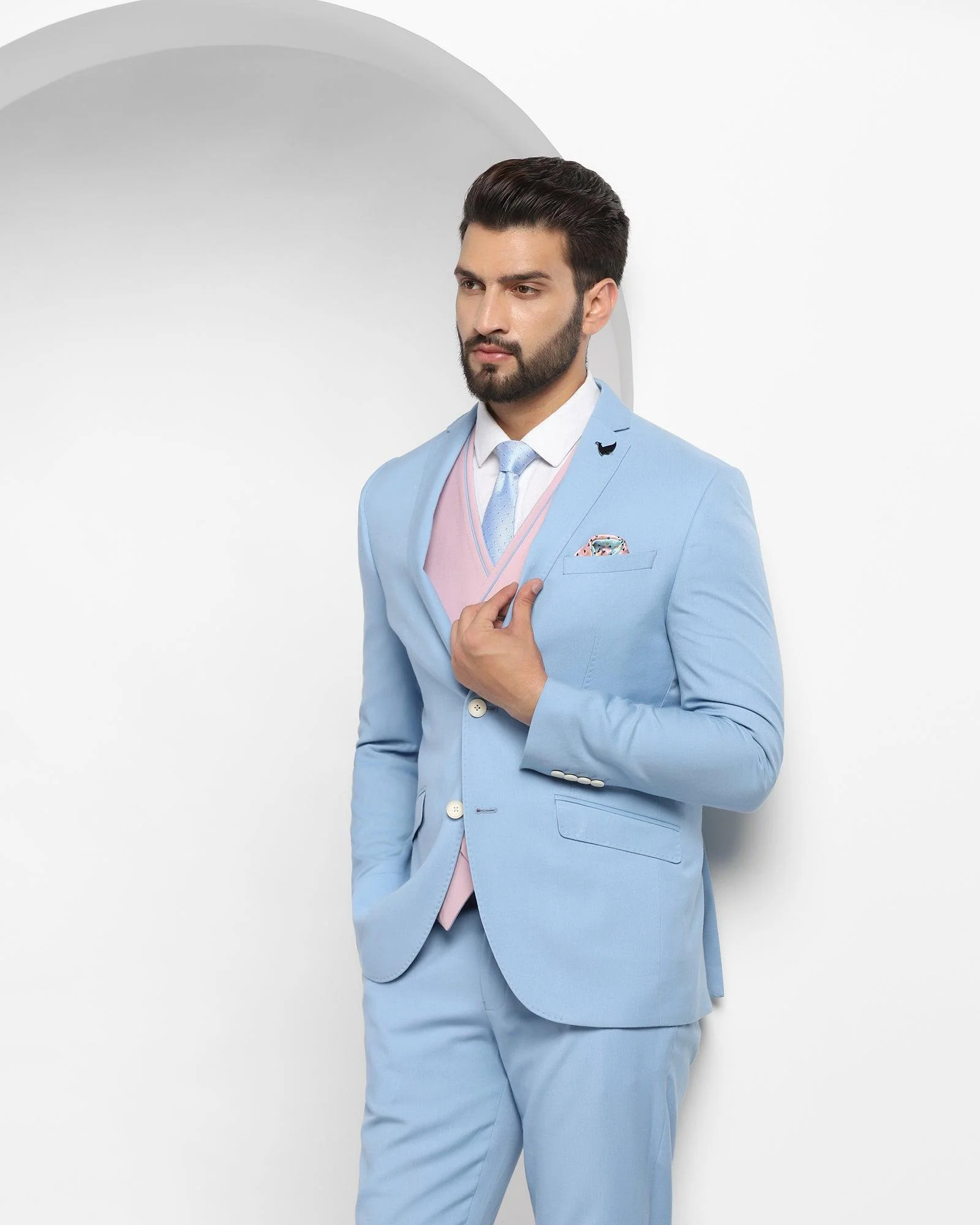 Three Piece Blue Solid Formal Suit - Oleto - Image 10
