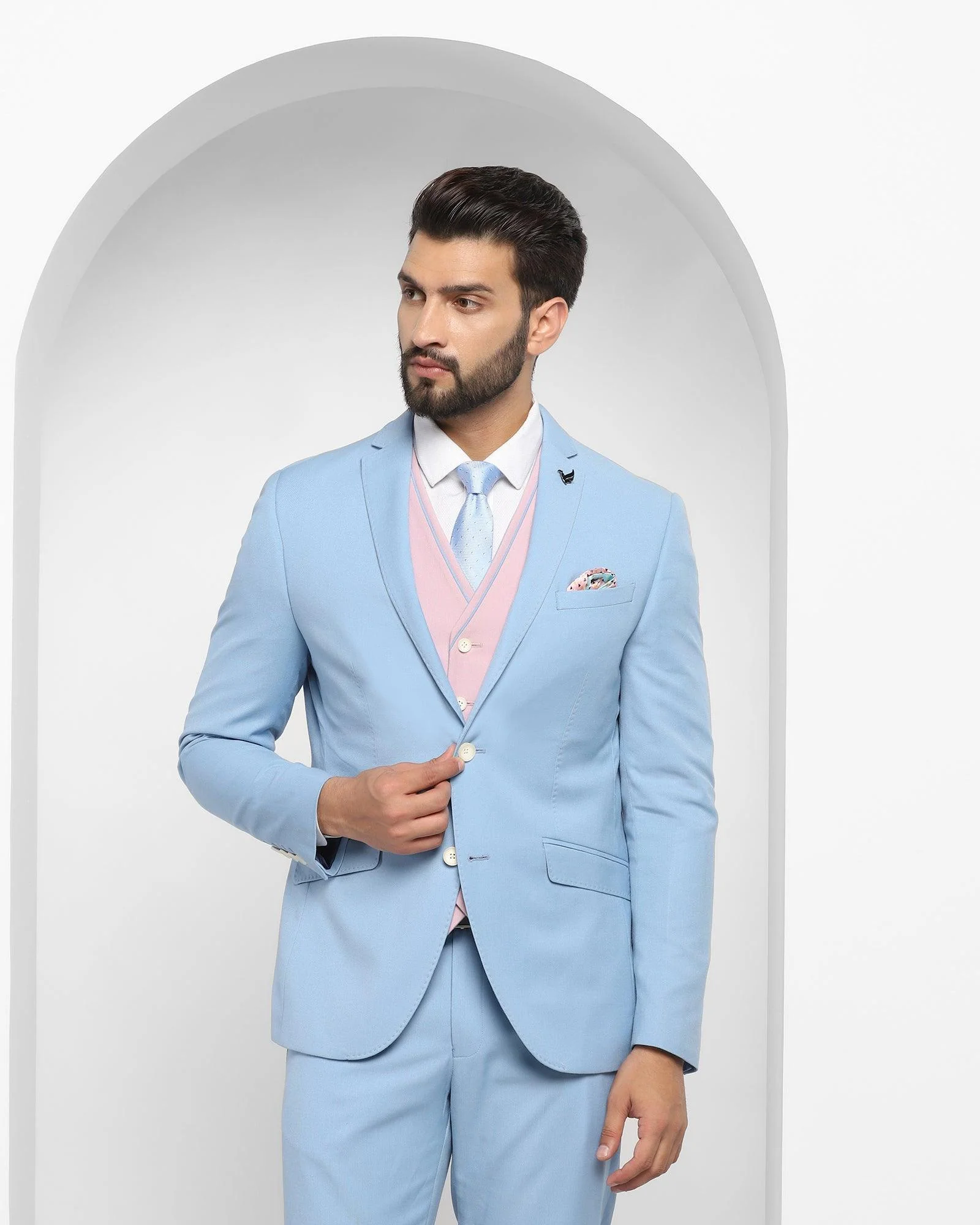 Three Piece Blue Solid Formal Suit - Oleto - Image 3