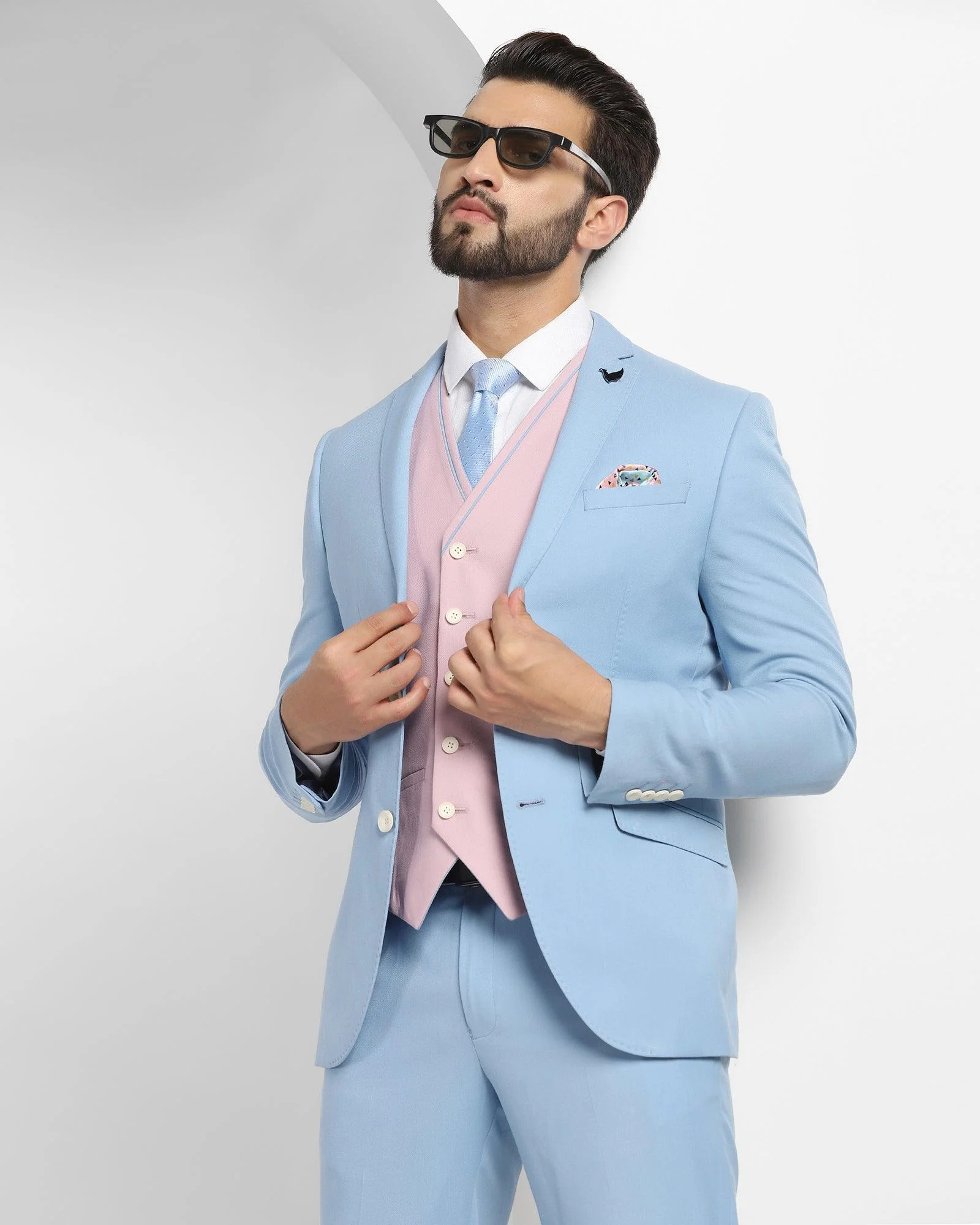 Three Piece Blue Solid Formal Suit - Oleto - Image 4