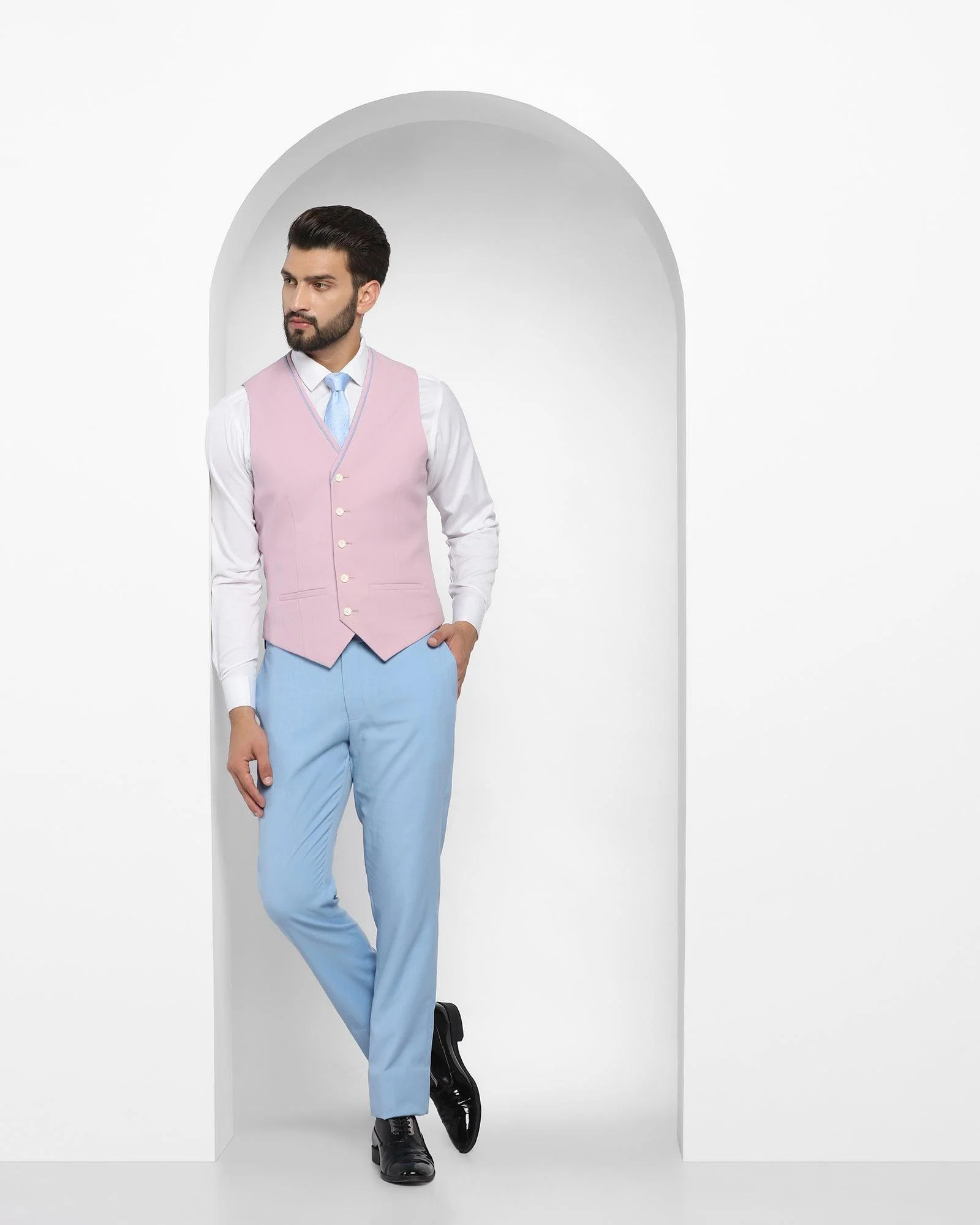 Three Piece Blue Solid Formal Suit - Oleto - Image 6