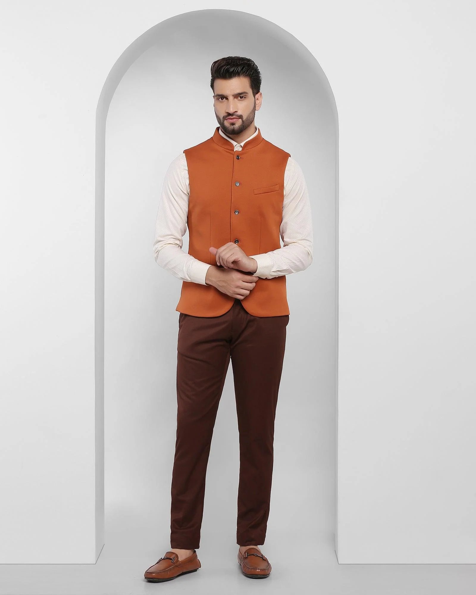 Bandhgala Formal Orange Solid Waistcoat - Aphrodo - Image 3