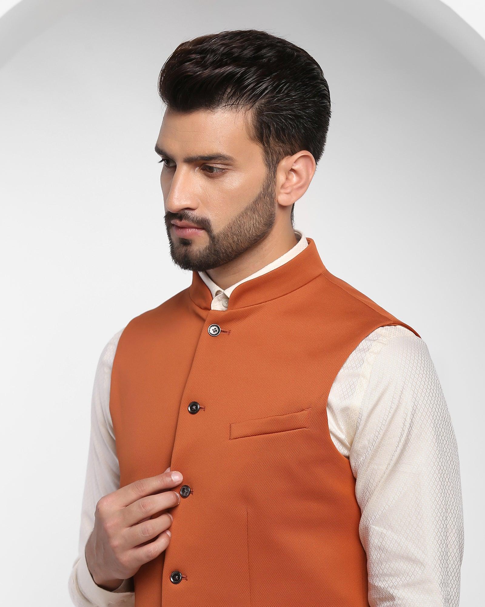 Bandhgala Formal Orange Solid Waistcoat - Aphrodo - Image 4