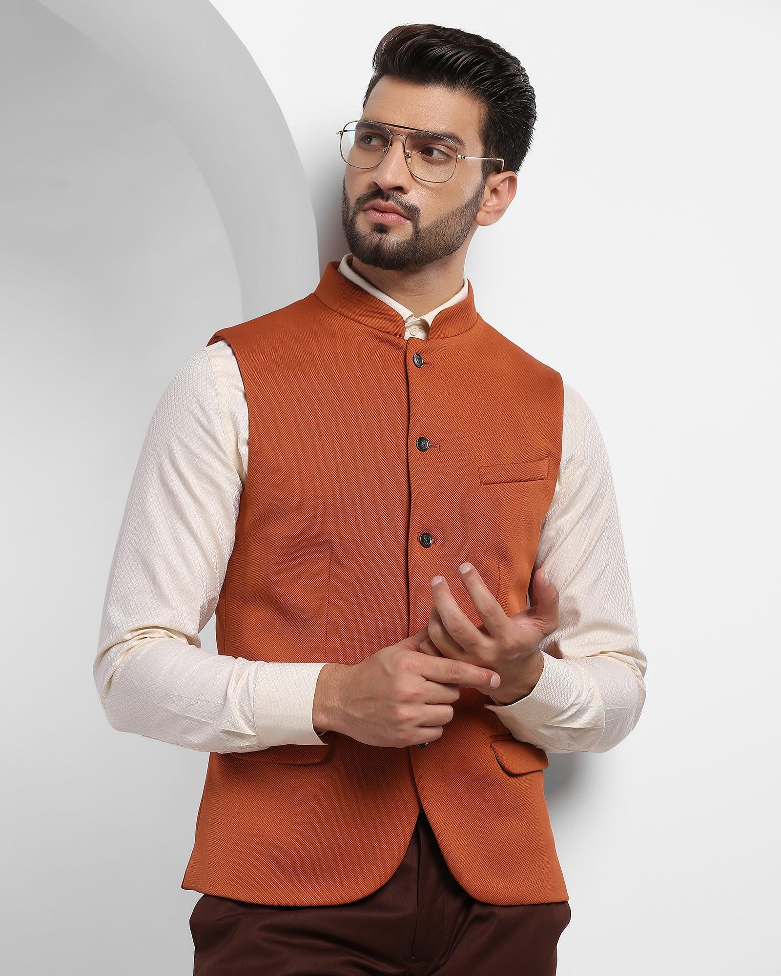 Bandhgala Formal Orange Solid Waistcoat - Aphrodo - Image 6