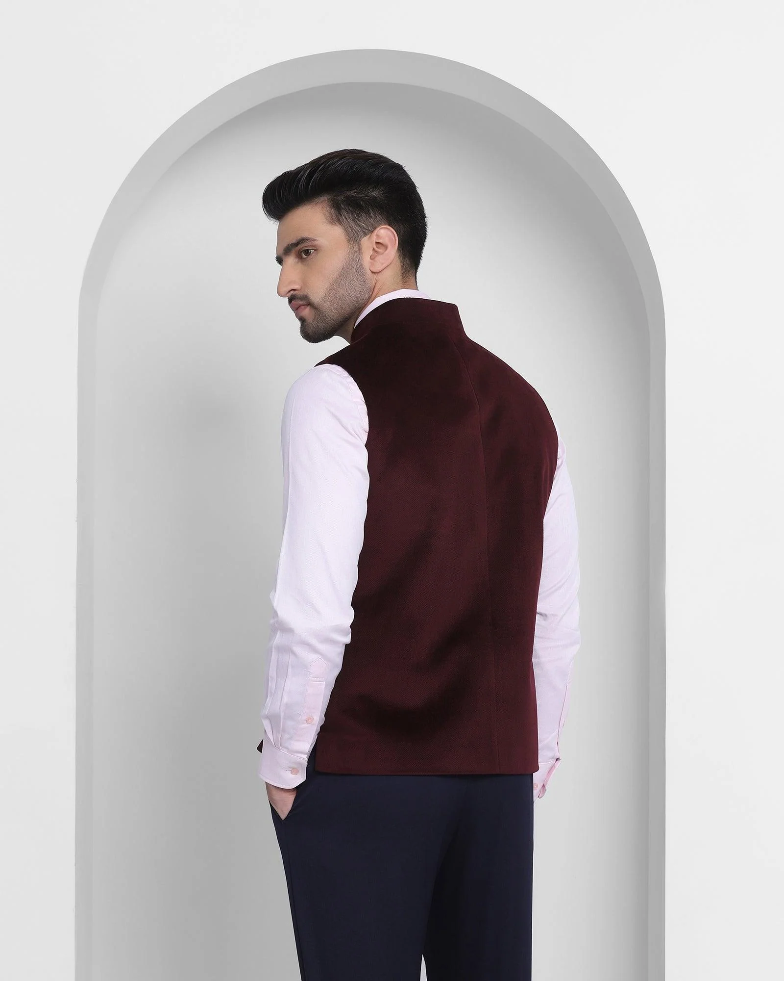 Bandhgala Formal Wine Solid Waistcoat - Dipton - Image 2