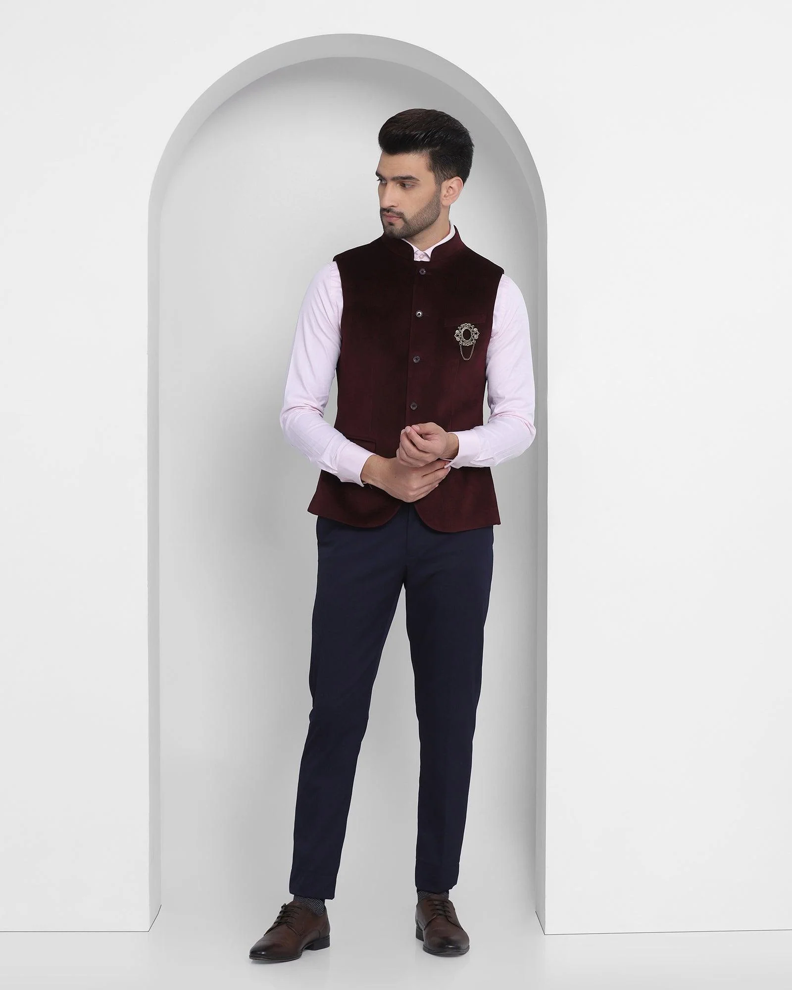 Bandhgala Formal Wine Solid Waistcoat - Dipton - Image 3