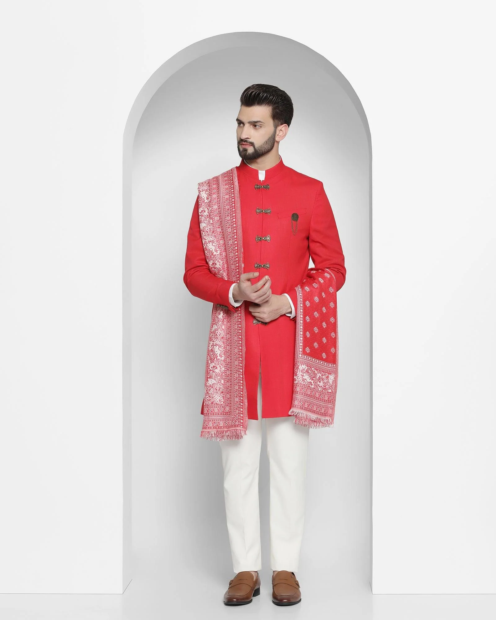 Red Swarn Solid Achkan Set - Tentor - Image 3