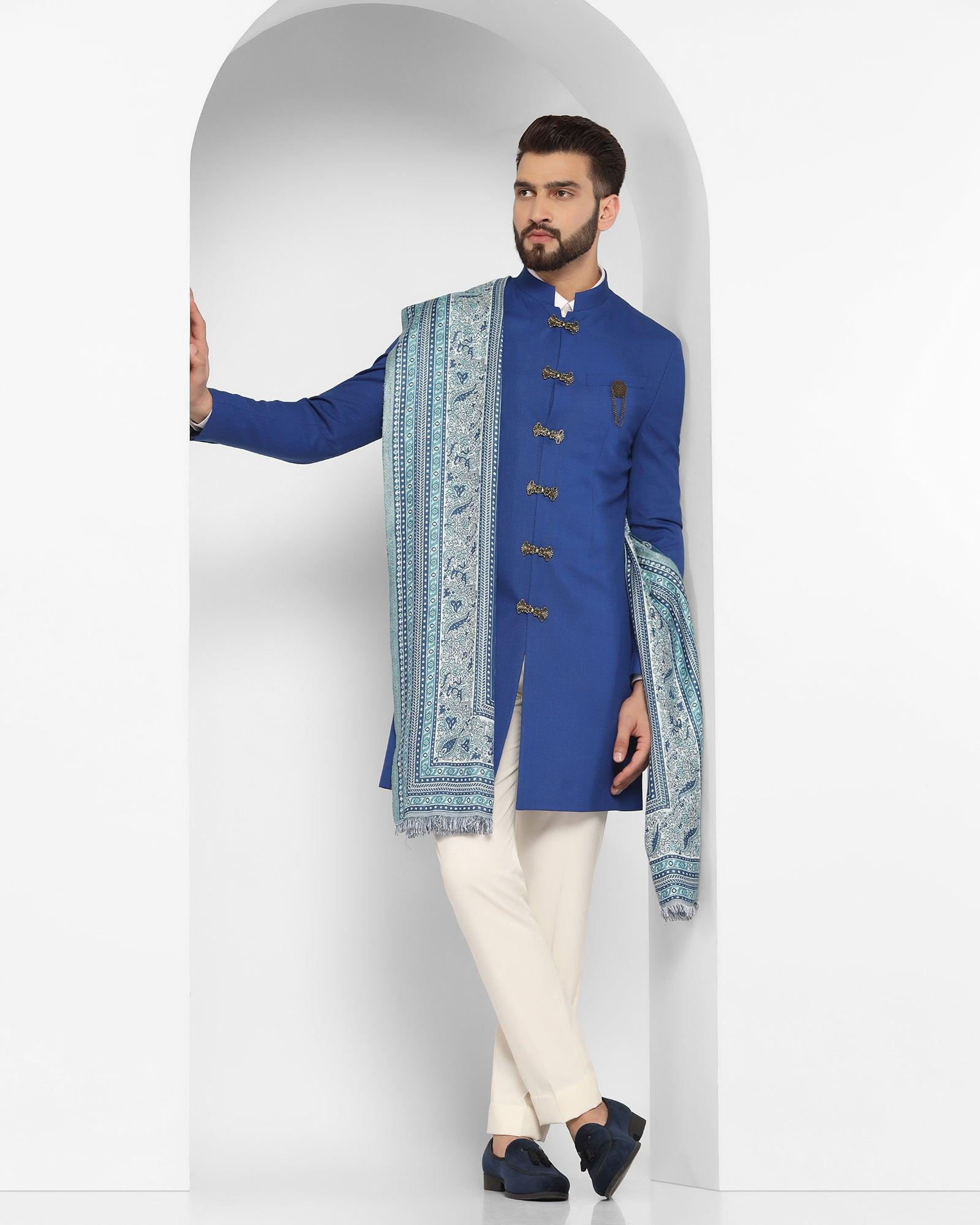 Royal Blue Swarn Solid Achkan Set - Tentor - Image 3