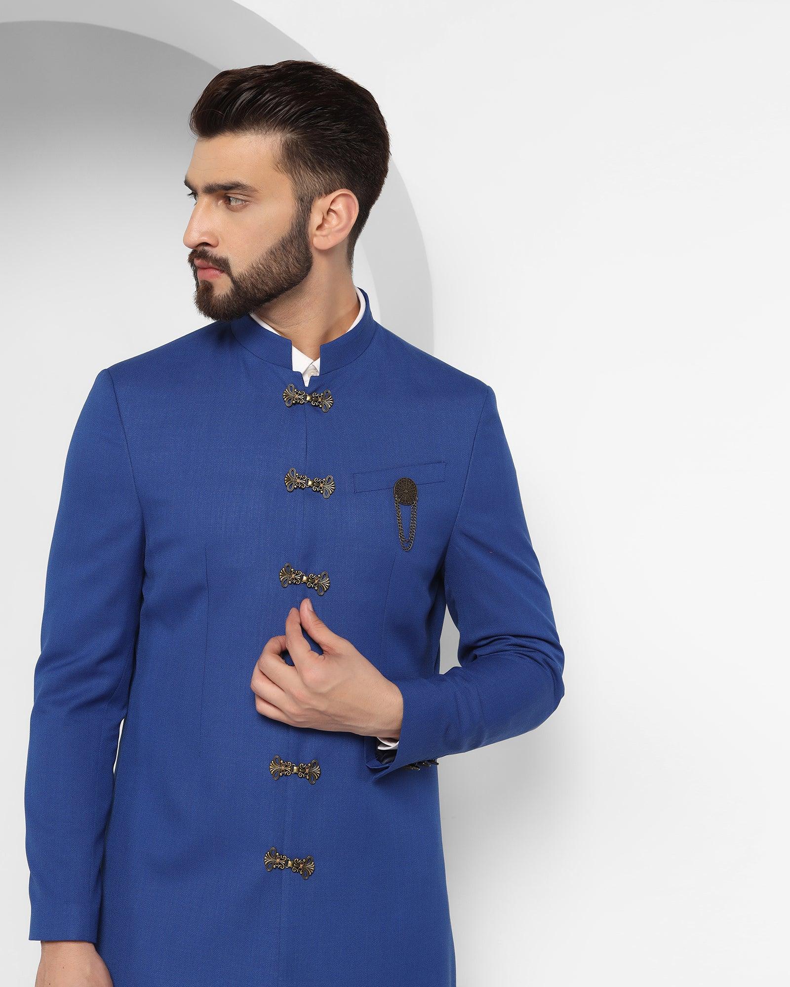 Royal Blue Swarn Solid Achkan Set - Tentor - Image 4