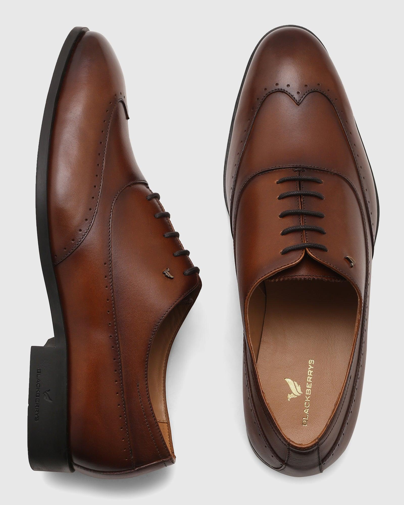 Leather Tan Solid Oxford Shoes - Qusso - Image 2