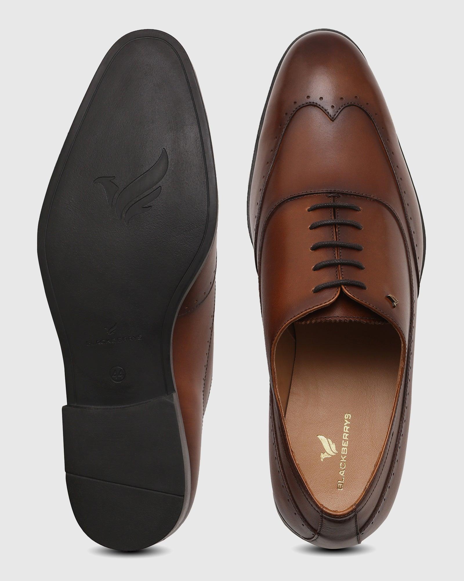 Leather Tan Solid Oxford Shoes - Qusso - Image 3