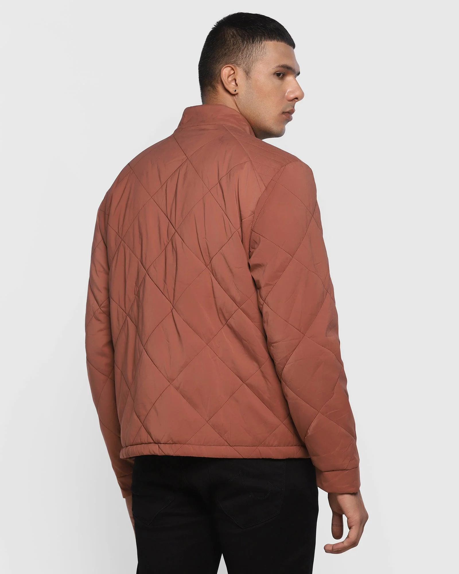 Quilted Tobacco Brown Solid Zipper Jacket - Arshen - Image 2
