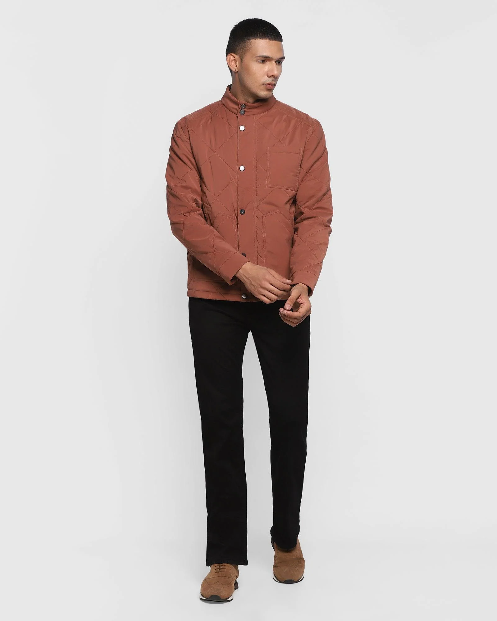 Quilted Tobacco Brown Solid Zipper Jacket - Arshen - Image 3