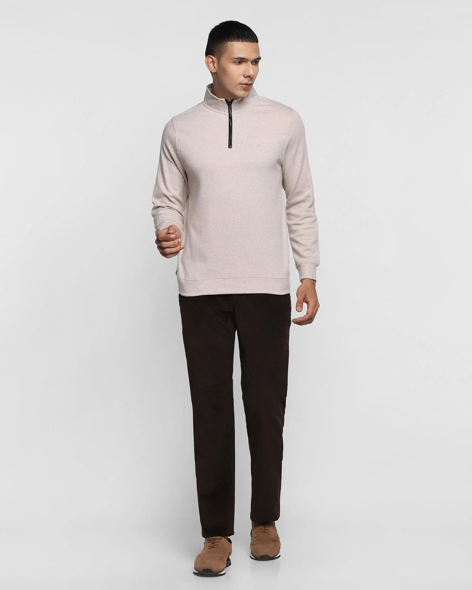 Stylized Collar Beige Solid Sweatshirt - Bing - Image 3