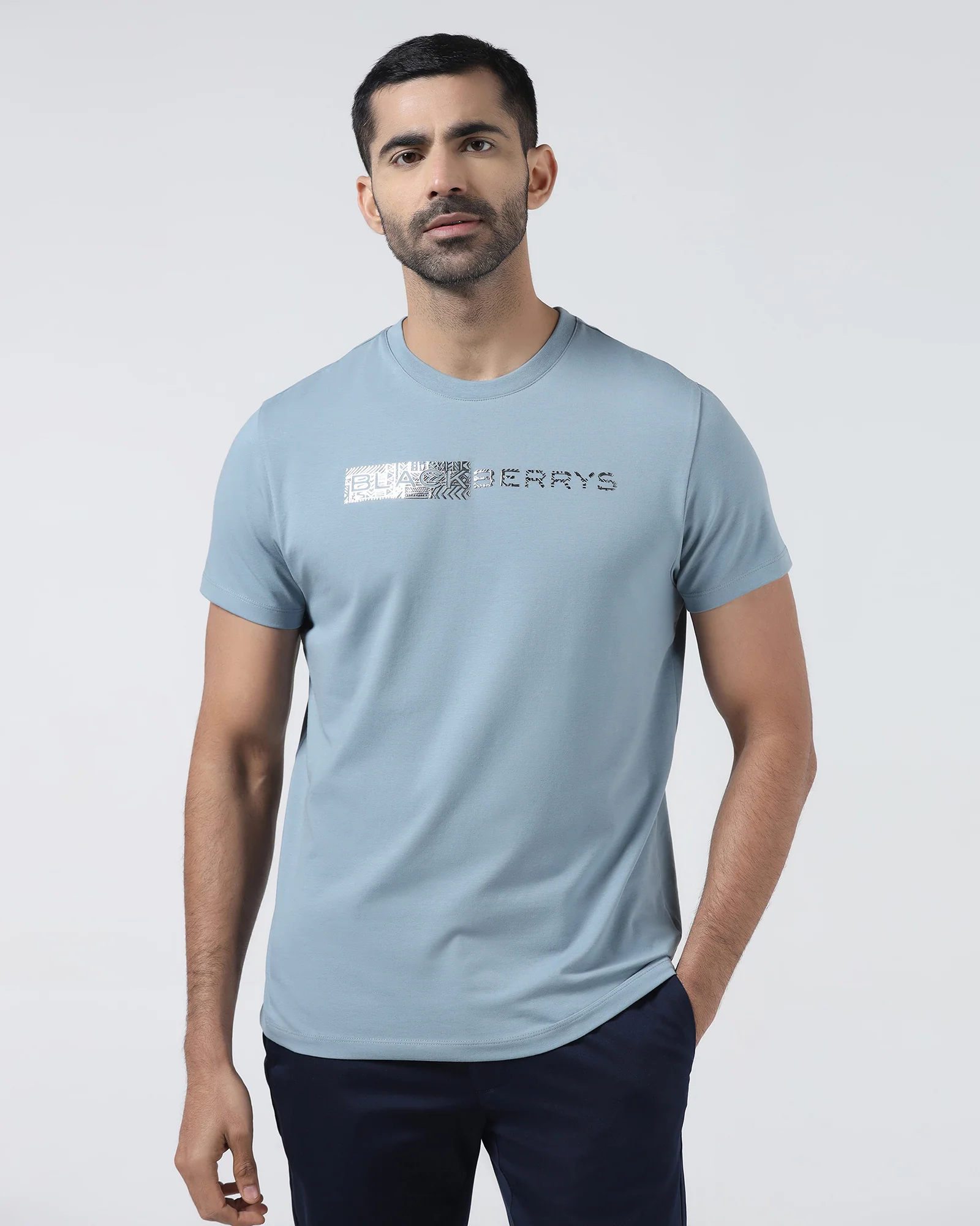 Steel Blue Crew Neck Printed T-Shirt - Petunia - Image 8