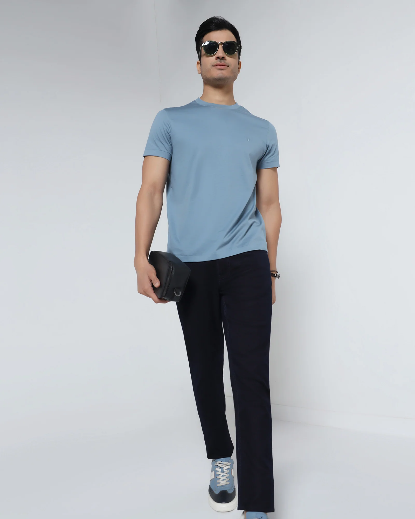 Steel Blue Crew Neck Solid T-Shirt - Peralta - Image 7
