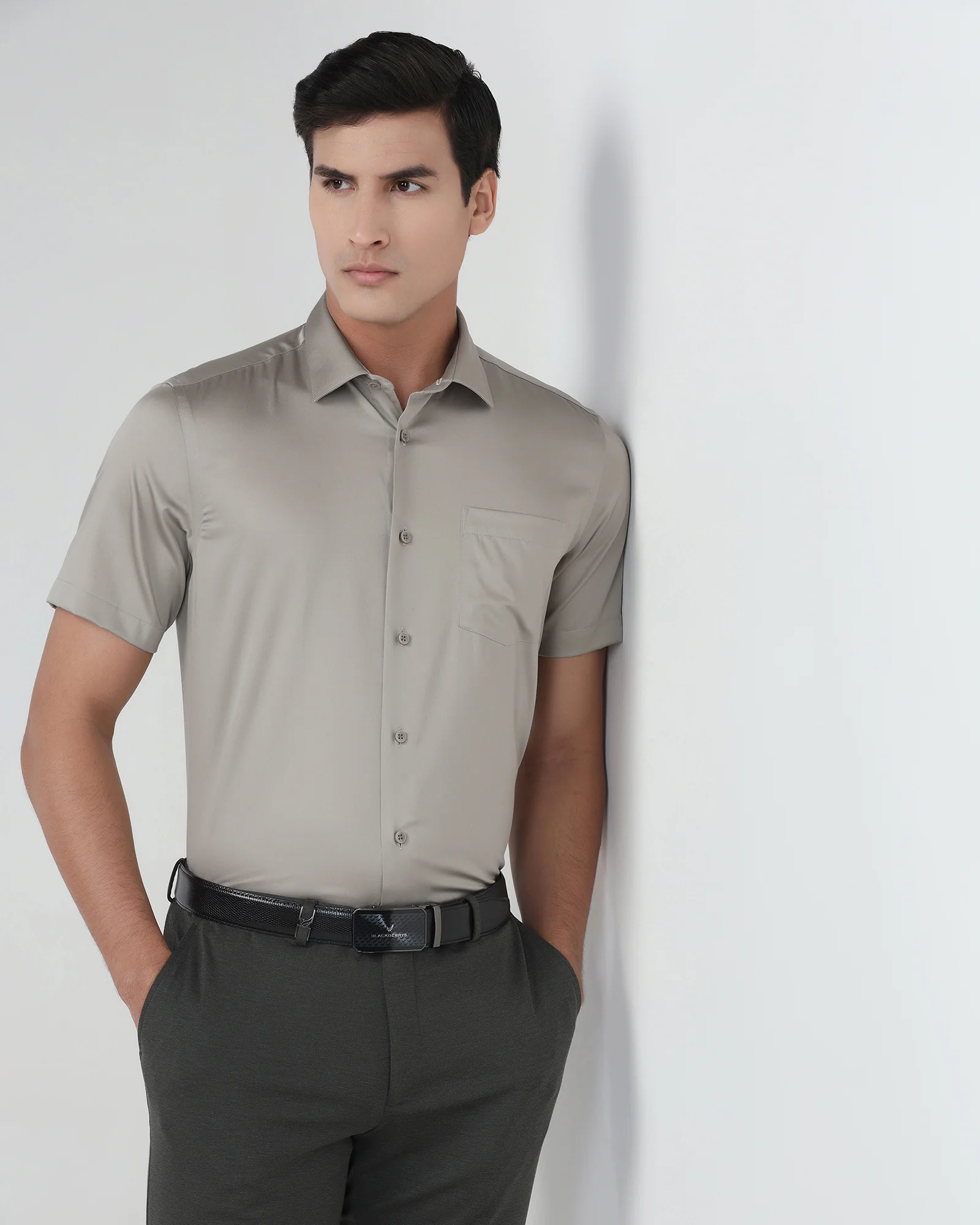Stone Half Sleeve Unwrinkle Solid Shirt - Sylvia