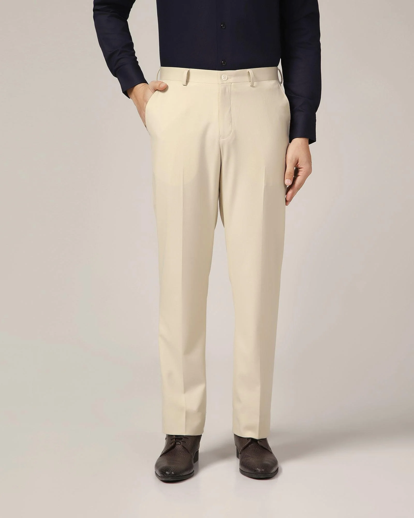 Straight B-90 Formal Beige Solid Trouser - Himalayan - Image 3