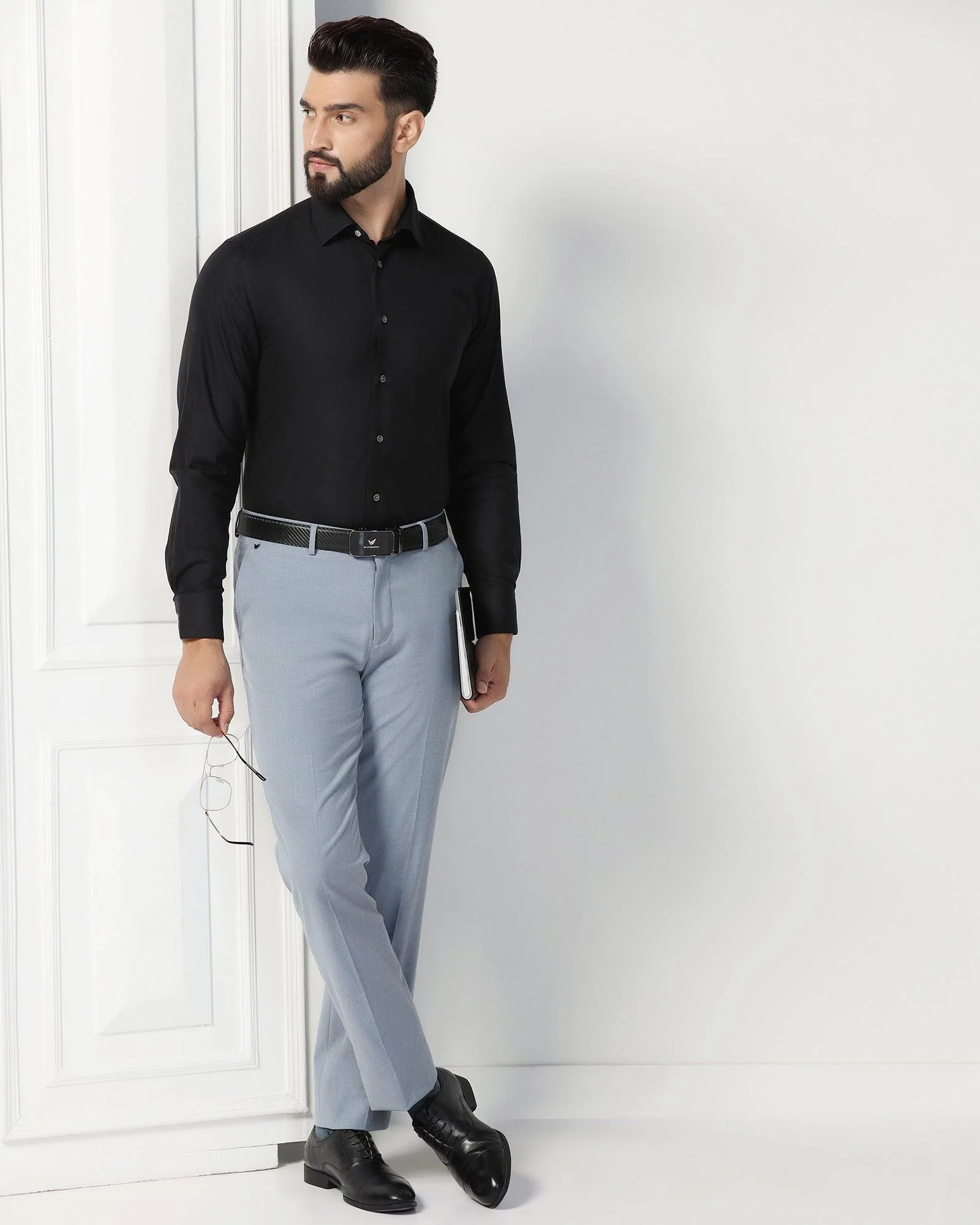 Straight B-90 Formal Light Blue Melange Solid Trouser - Eldorado - Image 7