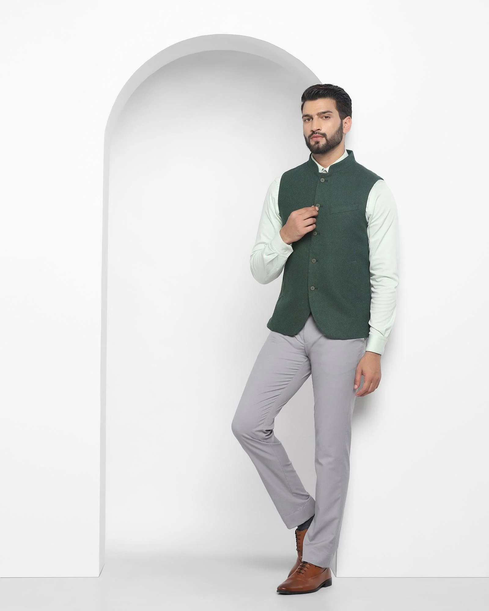 Bandhgala Casual Dark Green Textured Waistcoat - Hades - Image 3