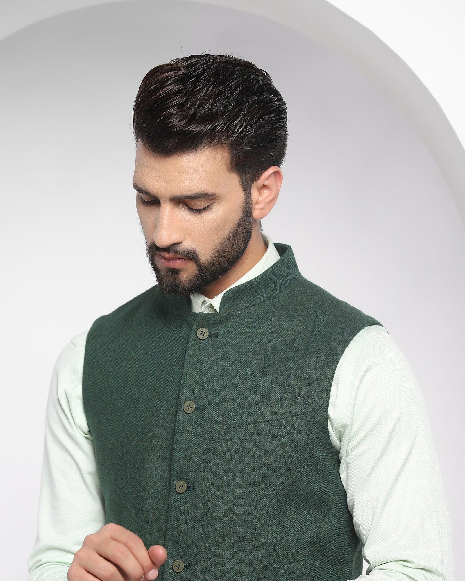 Bandhgala Casual Dark Green Textured Waistcoat - Hades - Image 4