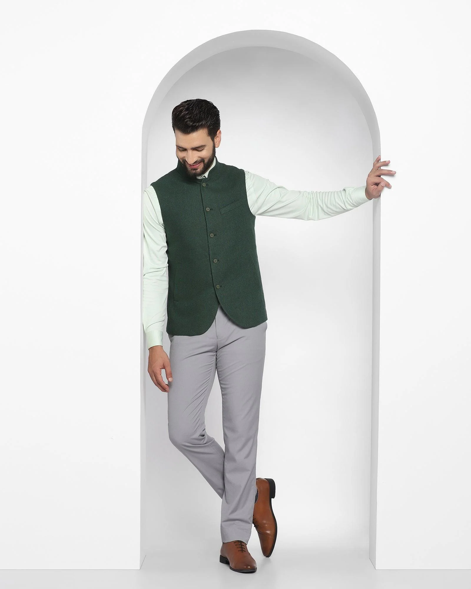 Bandhgala Casual Dark Green Textured Waistcoat - Hades - Image 5