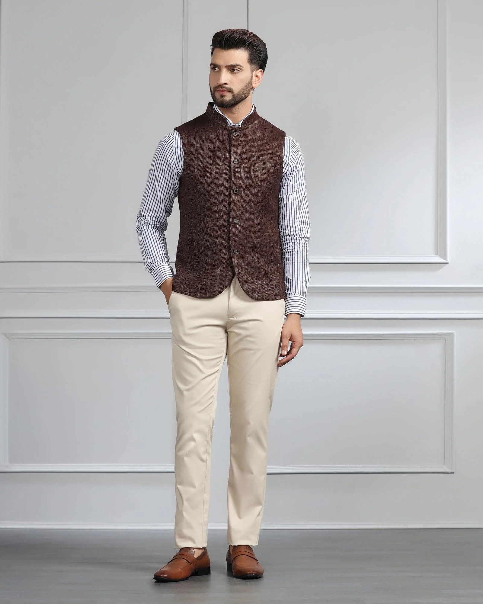 Bandhgala Casual Rust Striped Waistcoat - Silvan - Image 3