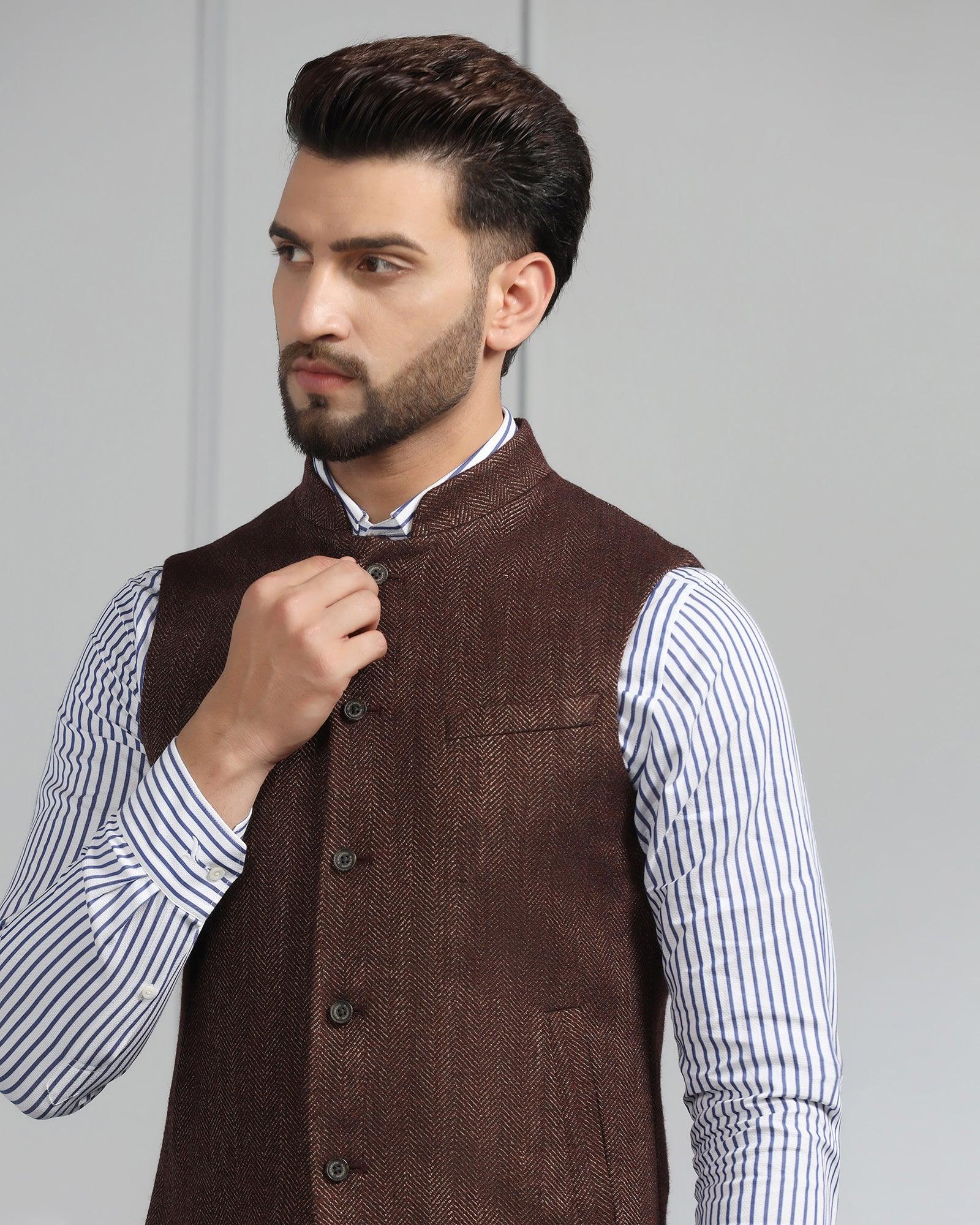 Bandhgala Casual Rust Striped Waistcoat - Silvan - Image 4