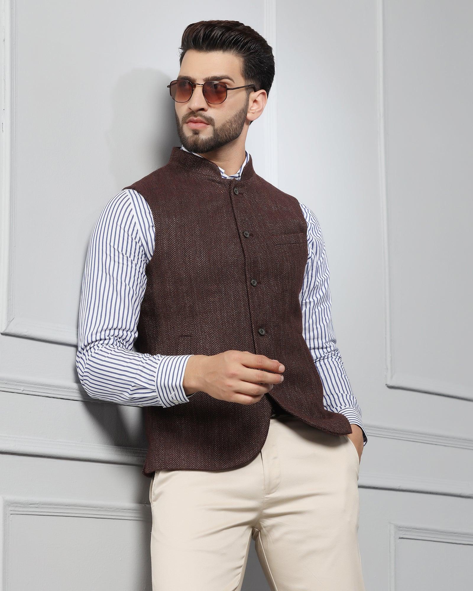 Bandhgala Casual Rust Striped Waistcoat - Silvan - Image 5
