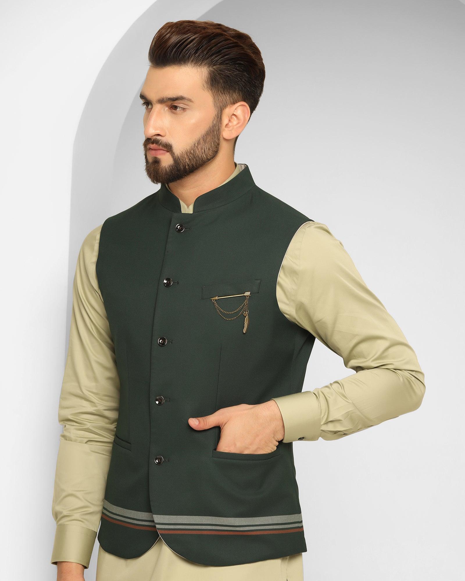 Dark Green Swarn Solid Achkan Set - Enola - Image 4