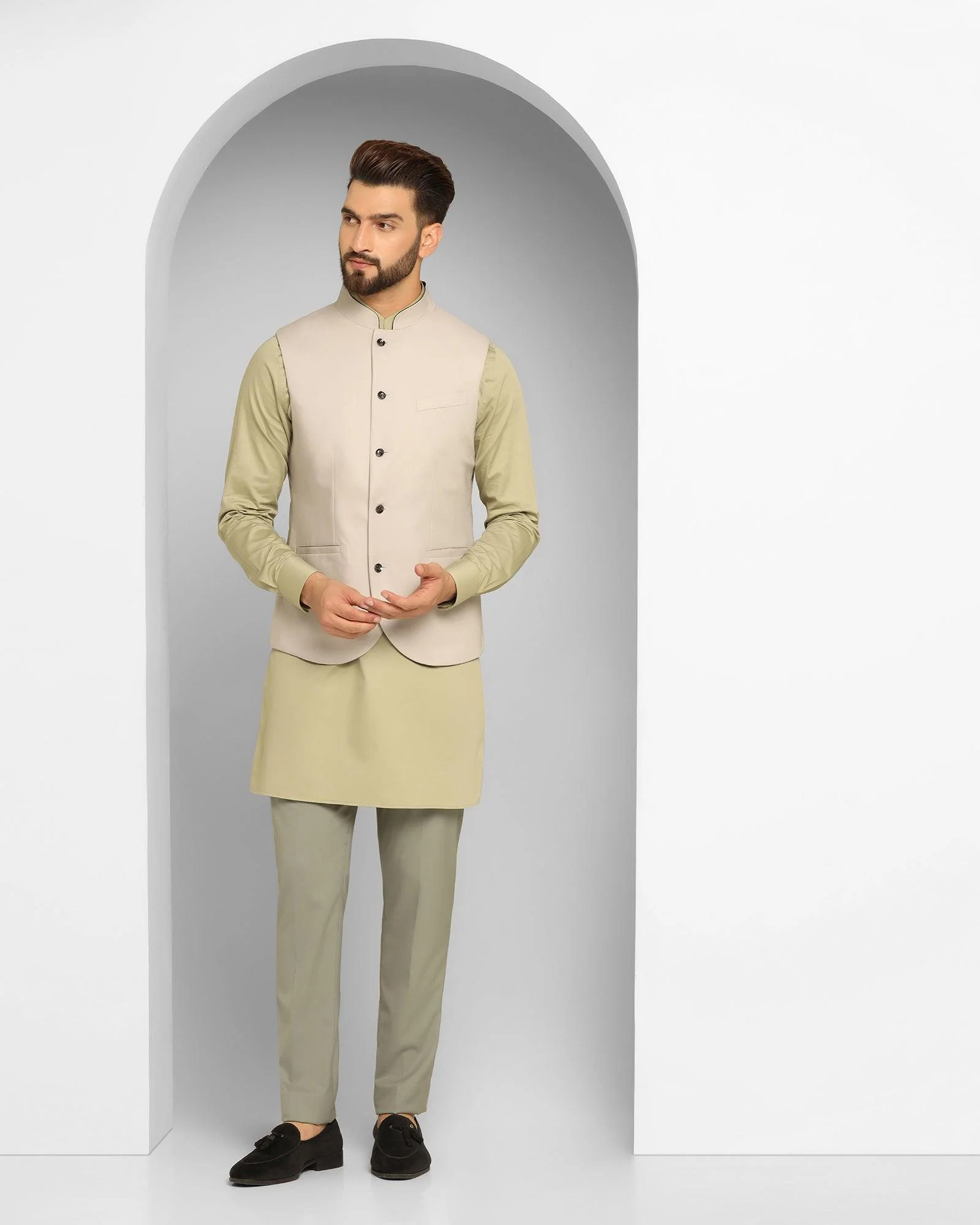 Dark Green Swarn Solid Achkan Set - Enola - Image 5
