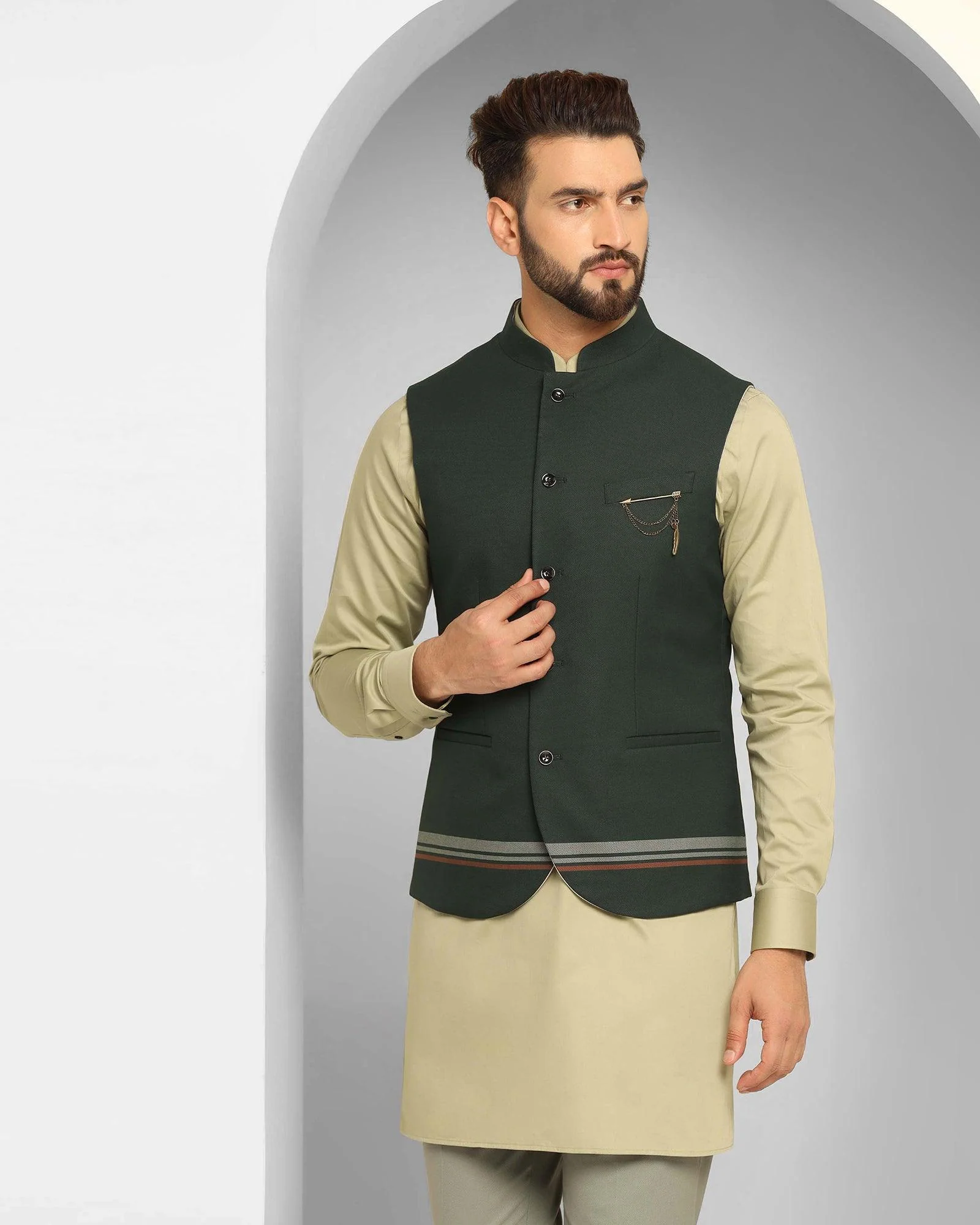 Dark Green Swarn Solid Achkan Set - Enola - Image 8