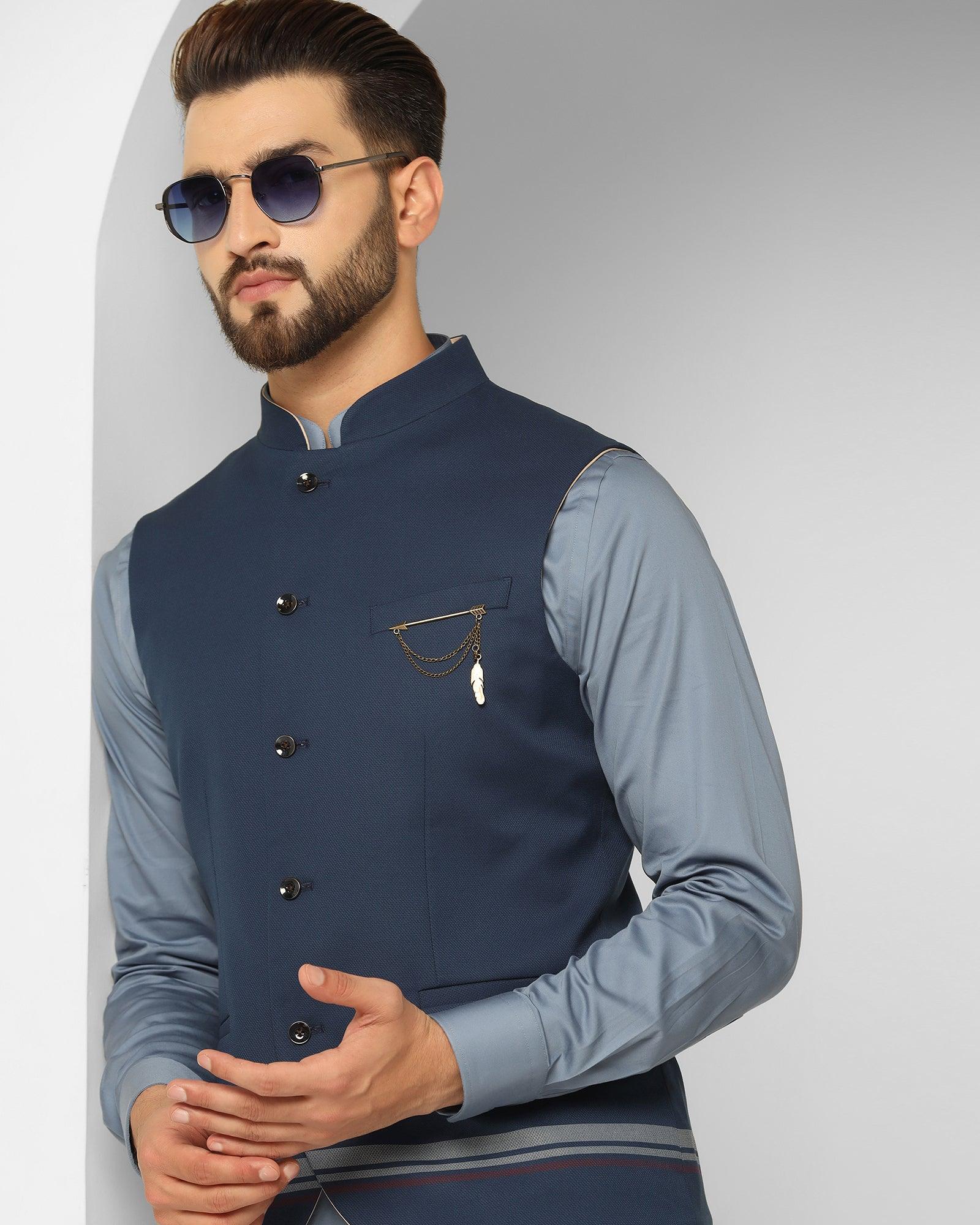 Navy Swarn Solid Achkan Set - Enola - Image 8