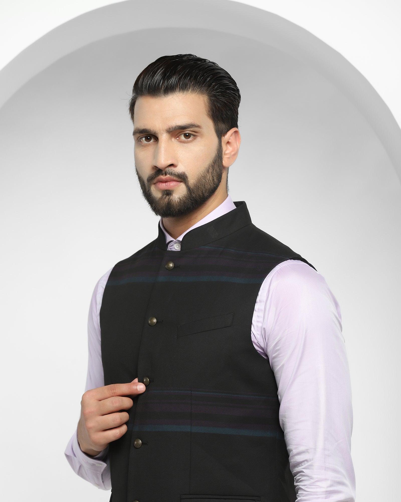 Bandhgala Formal Black Striped Waistcoat - Ariana - Image 4